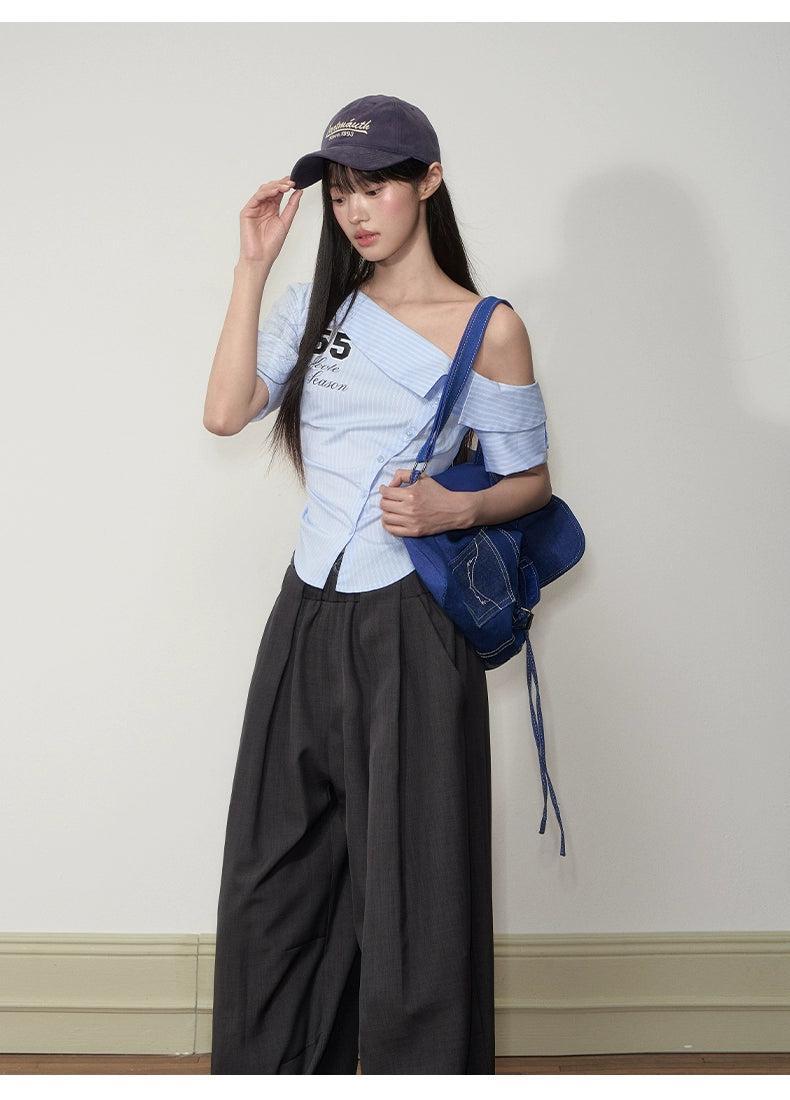 Pure-desire Asymmetric-shoulder Waist-cinching Blouse - CHINASQUAD