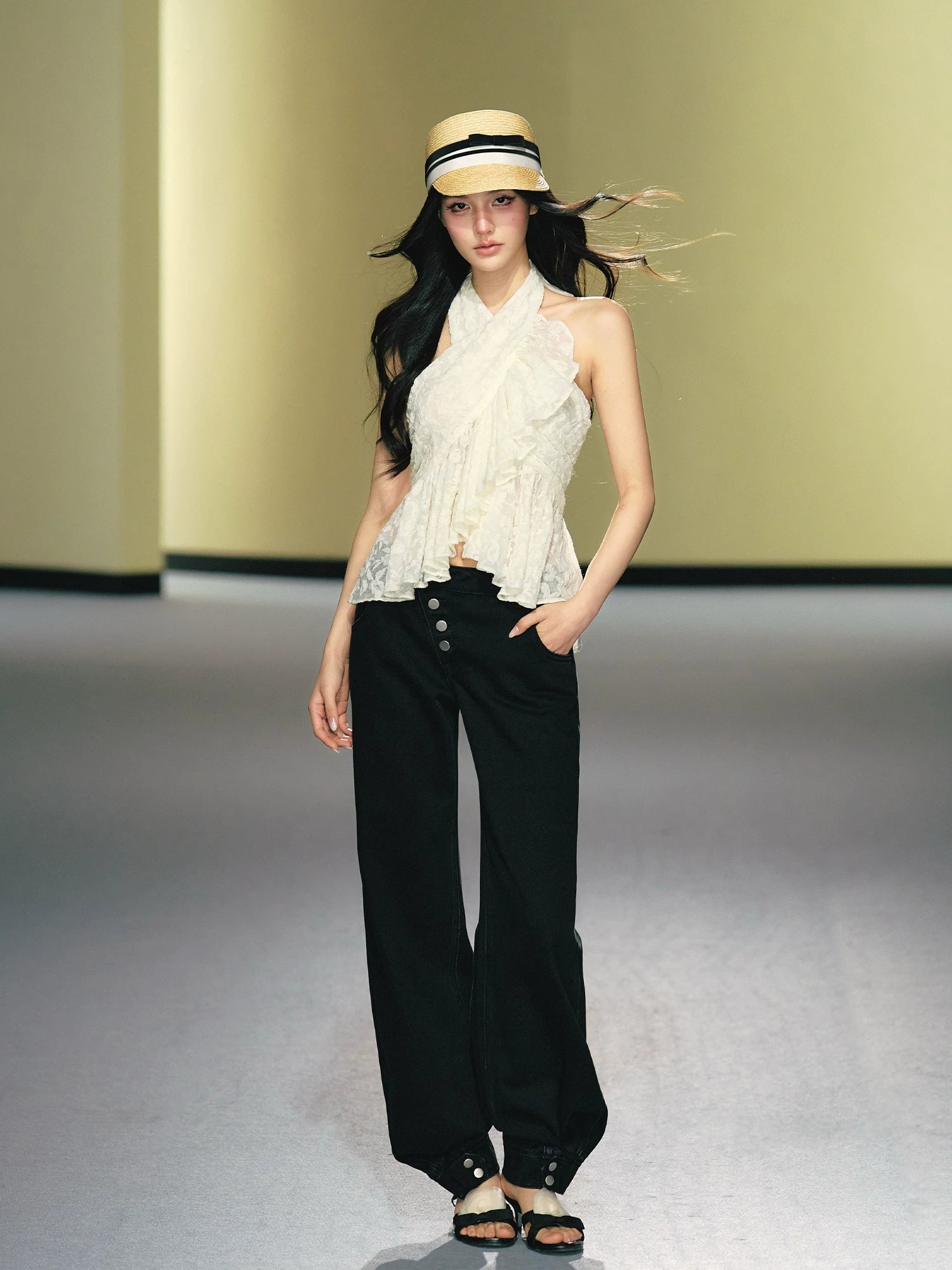 Asymmetric Placket Straight-Leg Denim Trousers