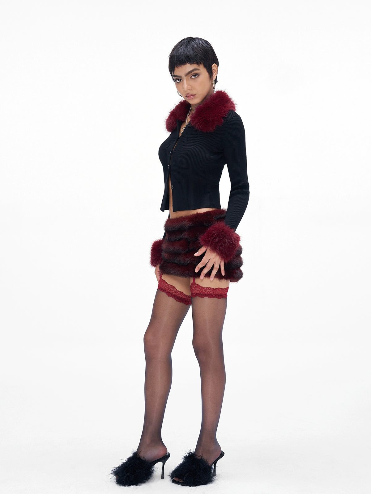 Fur-Collar Knit Cape & Fuzzy Bodycon Skirt Set