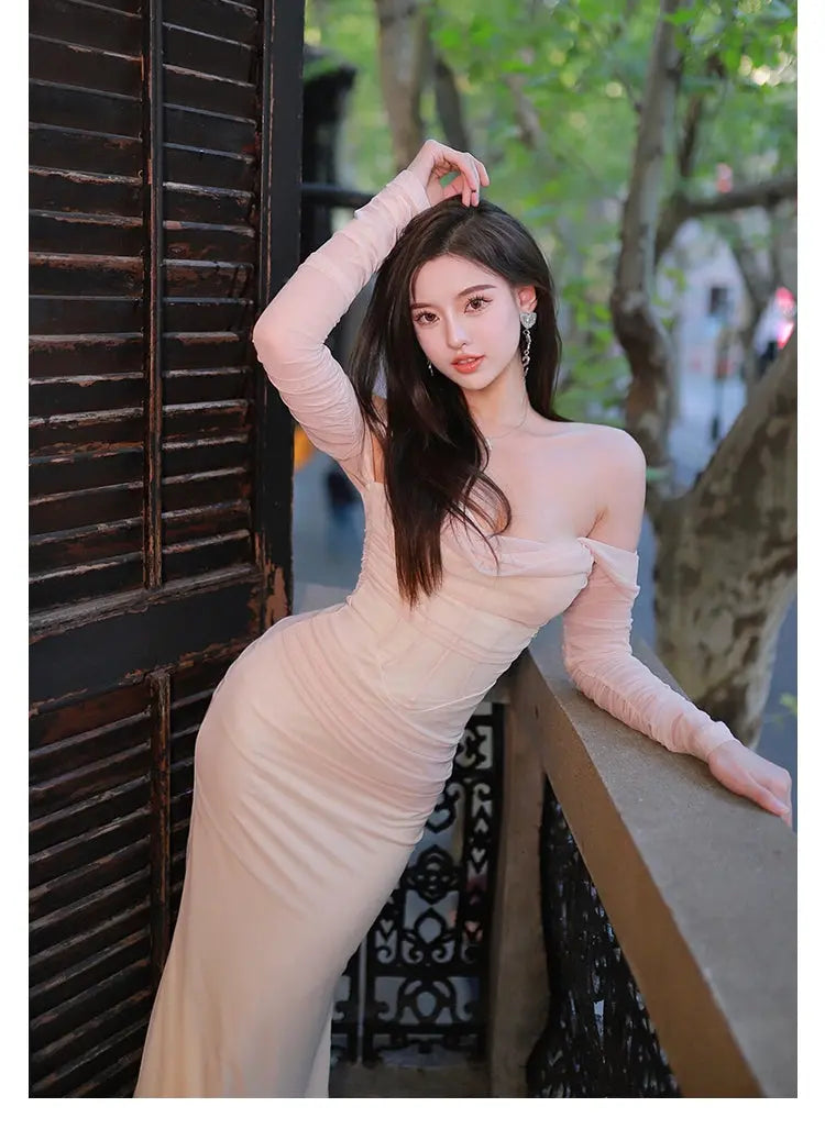 Apricot & Black Mesh Off-shoulder Fishtail Dress - CHINASQUAD