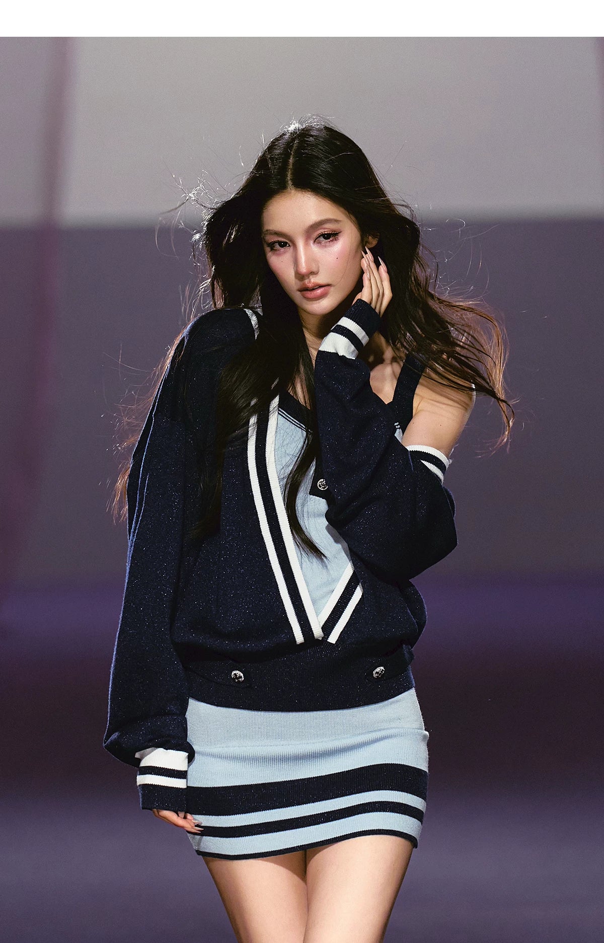 Striped Deep V Knit Dress & Cardigan Set