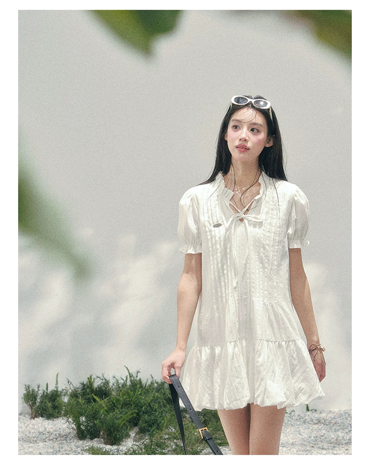 Soft Pleated Puff-Sleeve Mini Dress