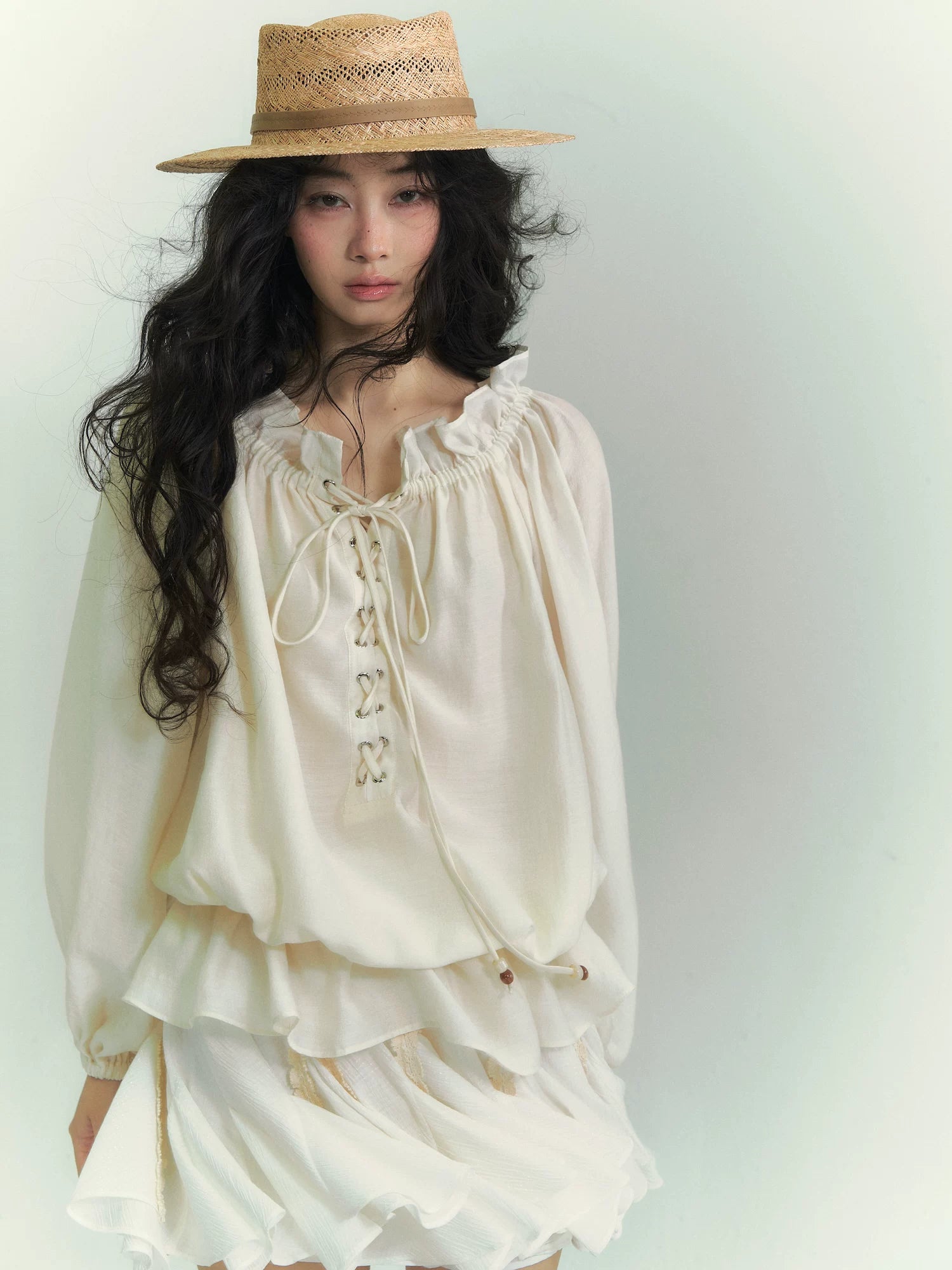 Off-Shoulder Lace-Up Lantern Sleeve Blouse