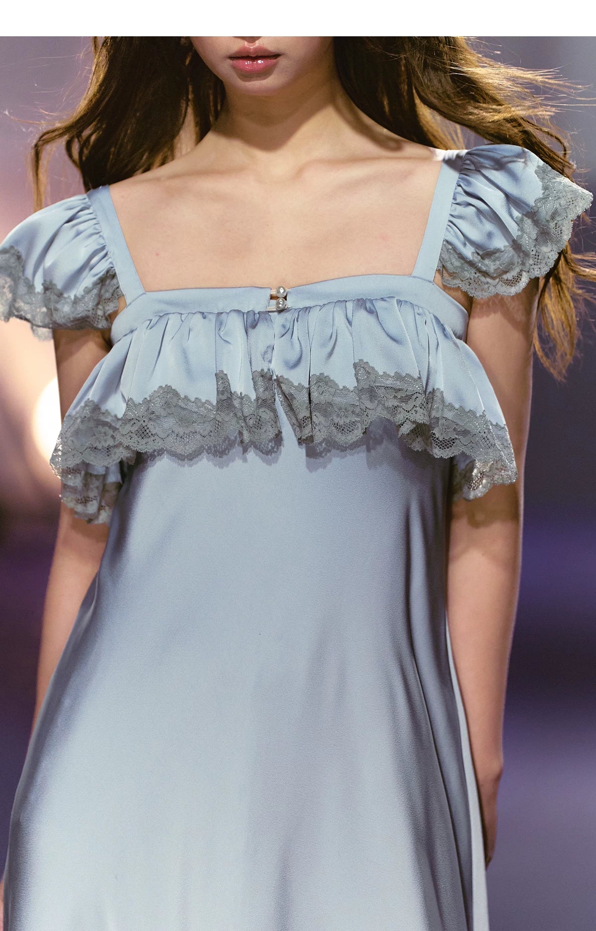 French Lace-Spliced Satin A-Line Maxi Dress