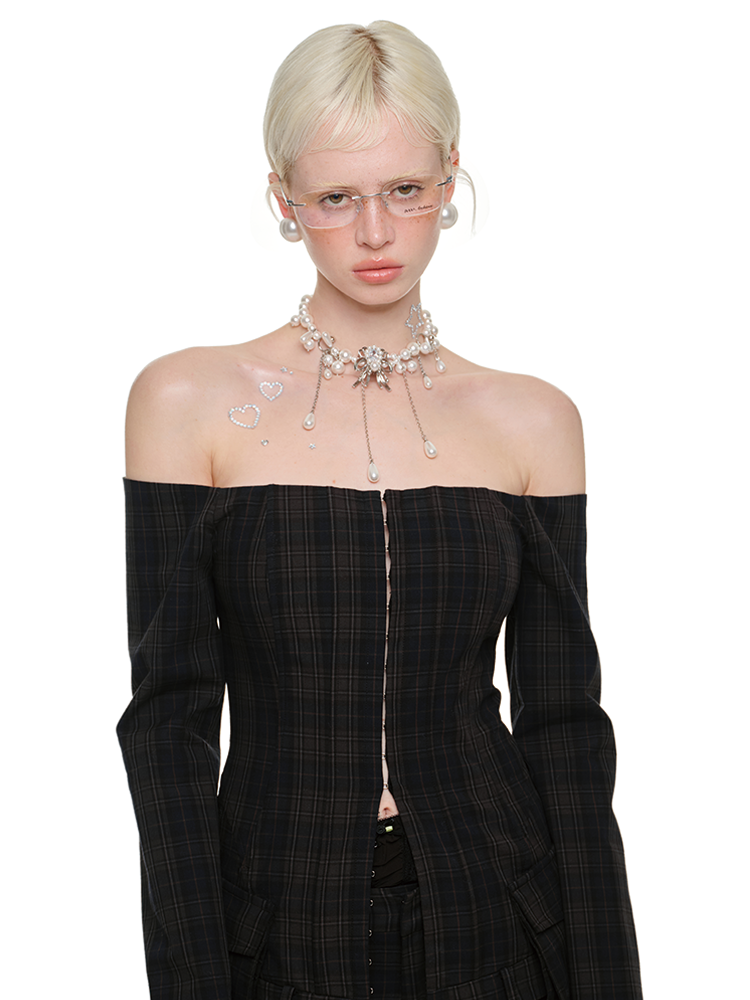 Green Check Off-Shoulder Plaid Blazer - CHINASQUAD