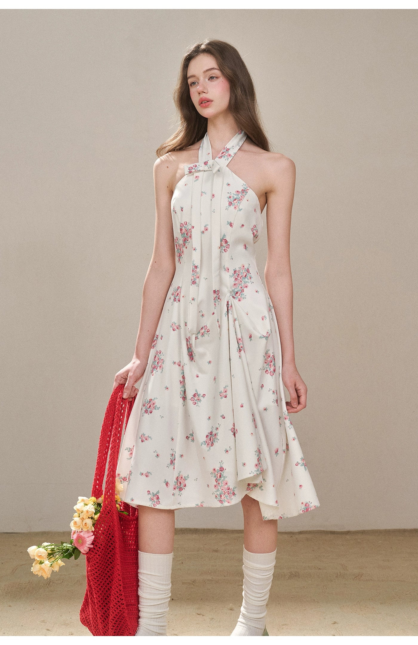 Rose Pleats Halter Midi Dress