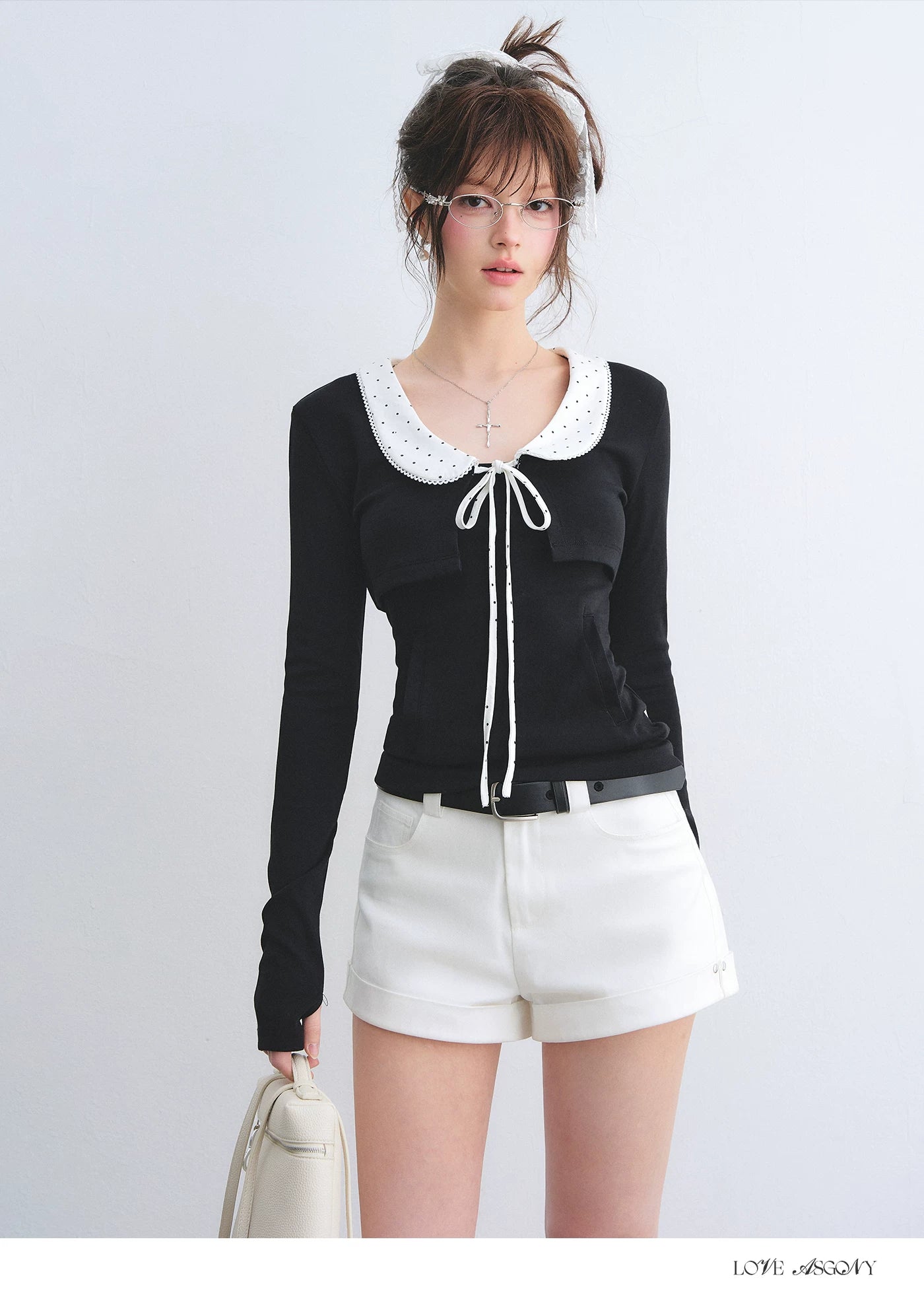 Polka Dot Lace Collar Long Sleeve Cardigan & Cami Two-Piece Set