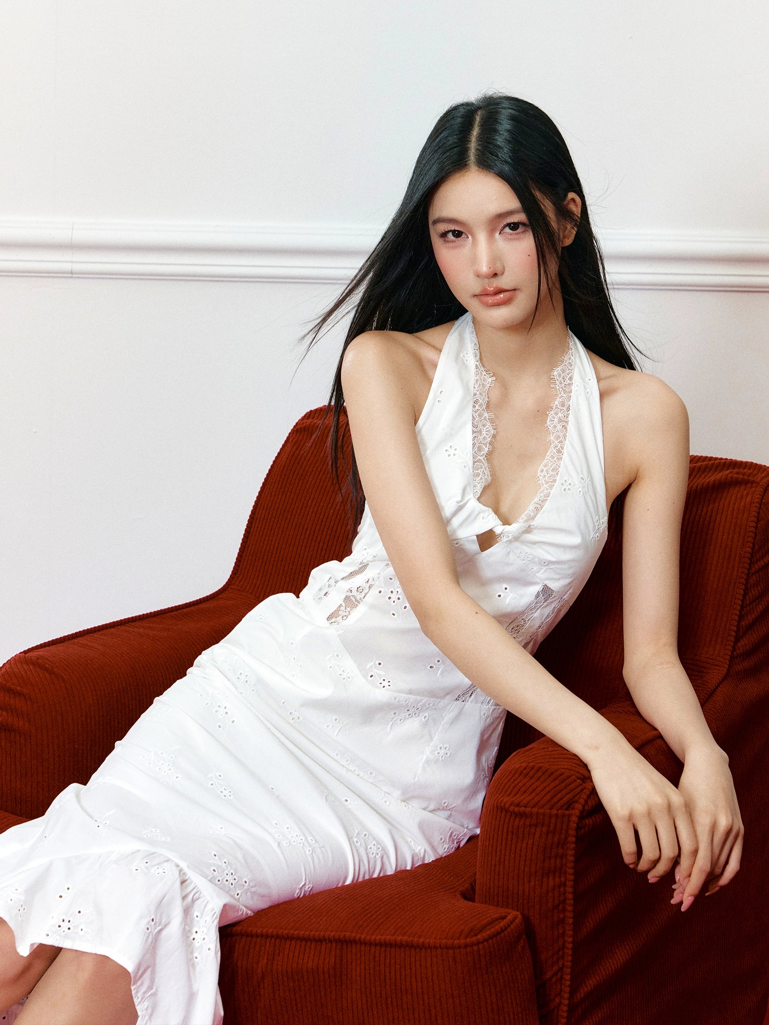 Lace Paneled Hollow Halter Mermaid Dress - CHINASQUAD
