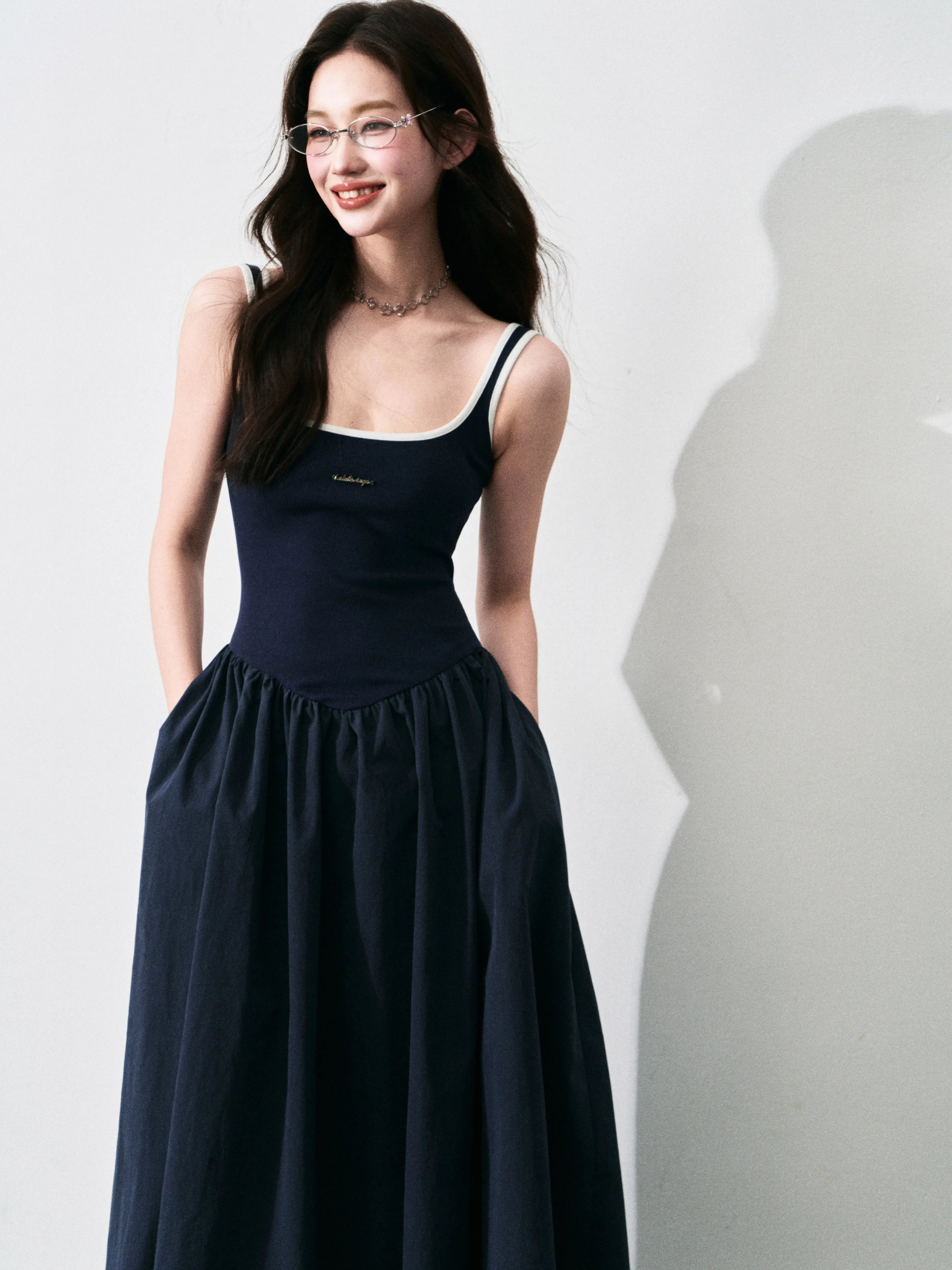 Contrast-Trim Backless Slip Maxi Dress