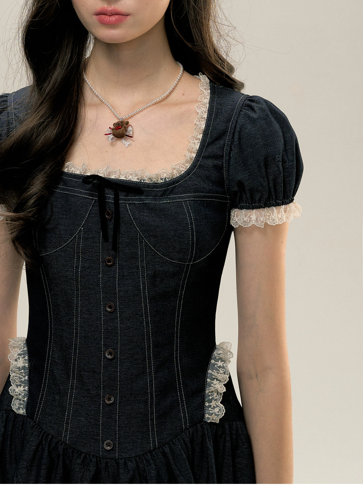 Square Neckline Short-sleeve Denim Dress - CHINASQUAD