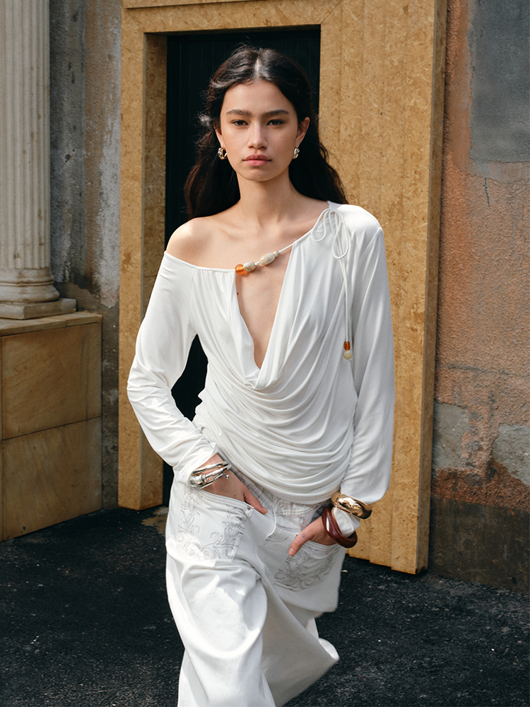 Beaded Cowl Neck Off-shoulder Long-sleeve Tunic - CHINASQUAD