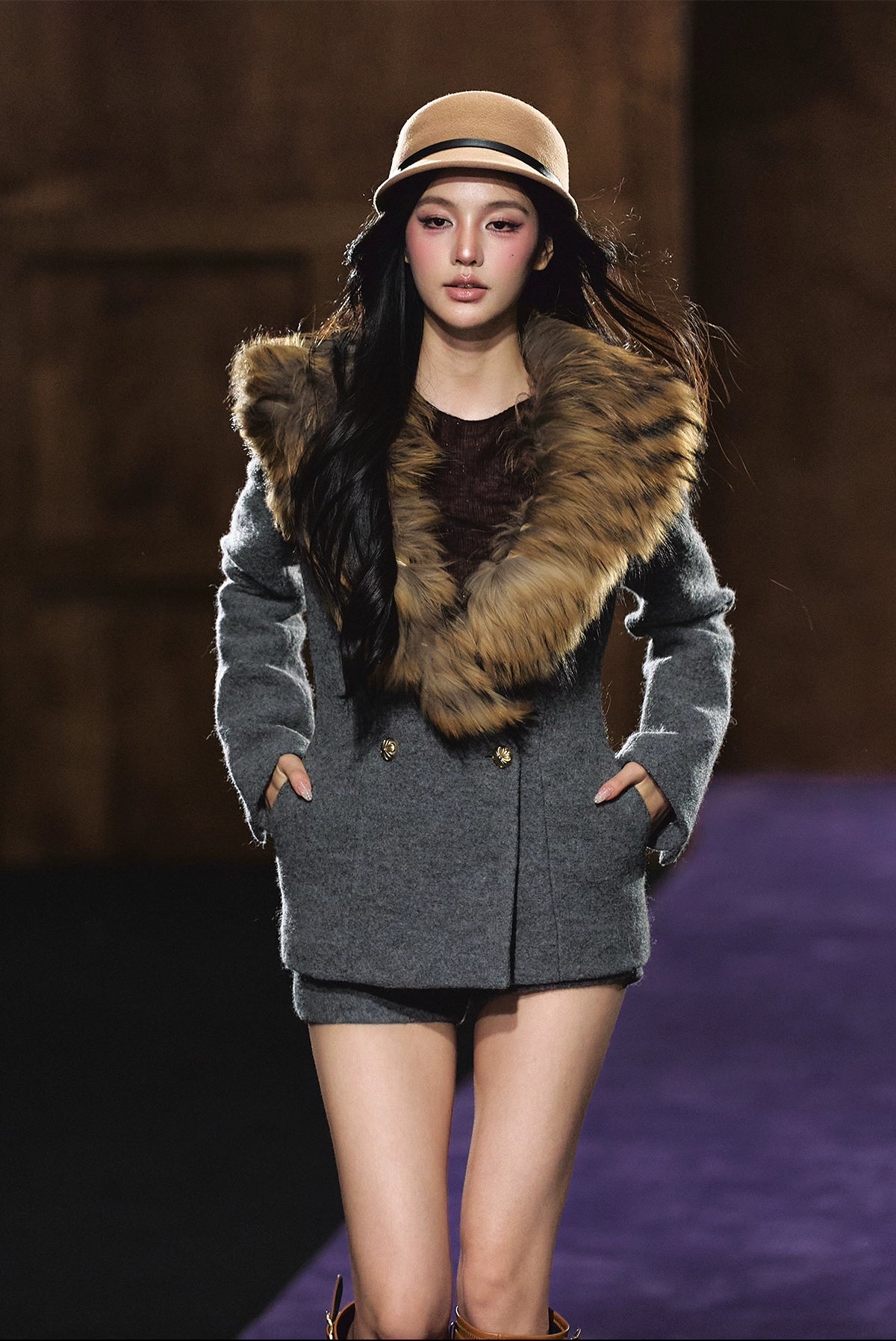 Detachable Fur Collar Wool Tailored Blazer & Shorts Set