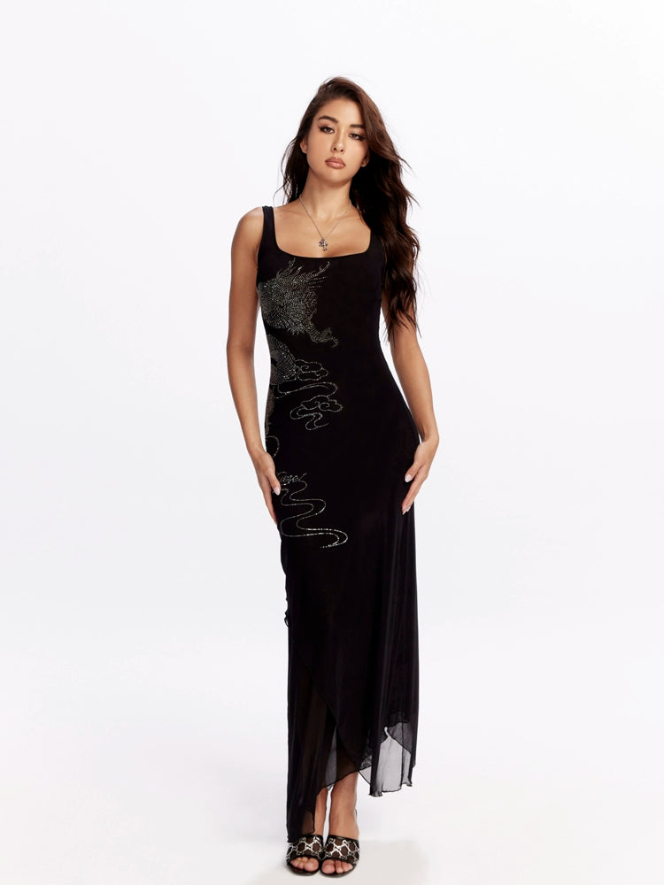 Noir Dragon Crystal Mesh Maxi Dress