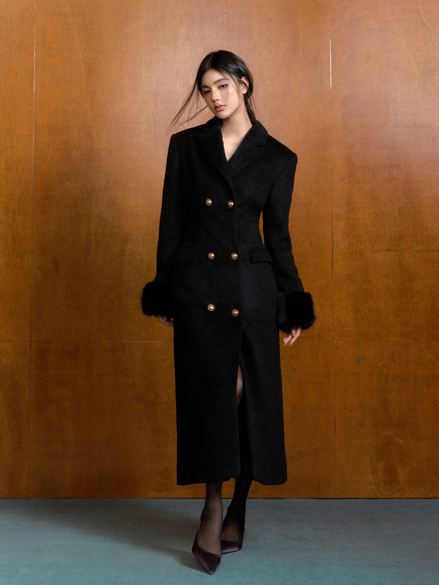 Detachable Fur Waist-Fitted Wool Coat & Scarf Set - CHINASQUAD