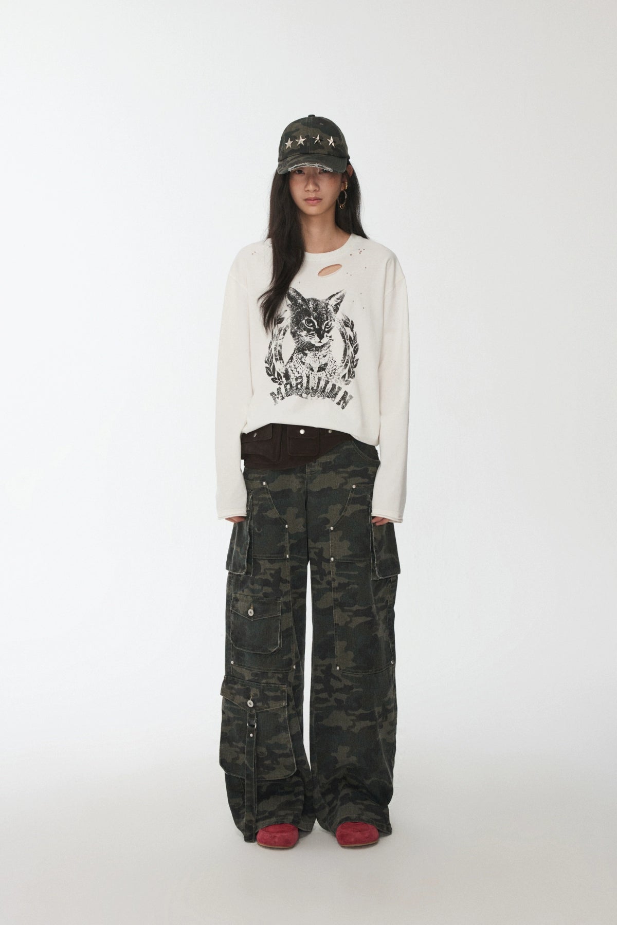 Vintage Cat & Dog Print Distressed Long-Sleeve Tee - CHINASQUAD