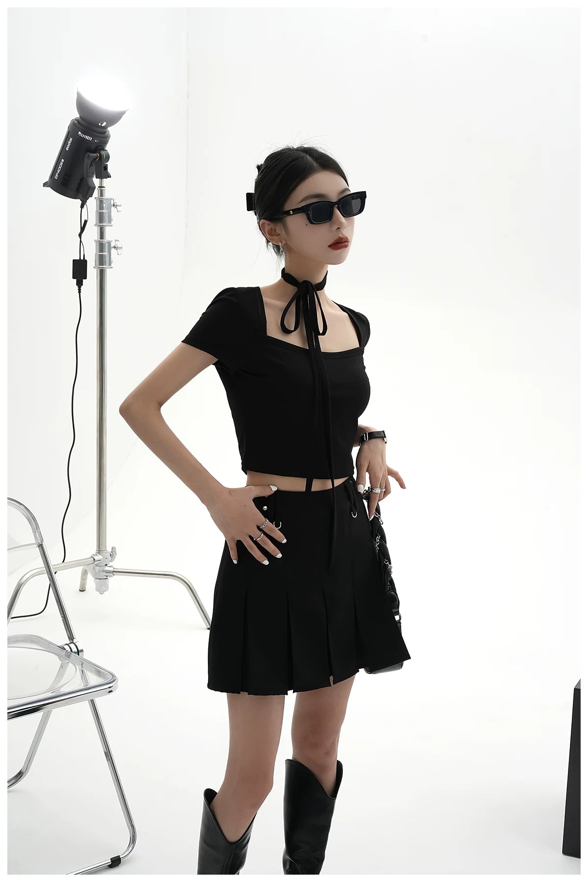 Tie-Detail Square-Neck Cropped T-Shirt