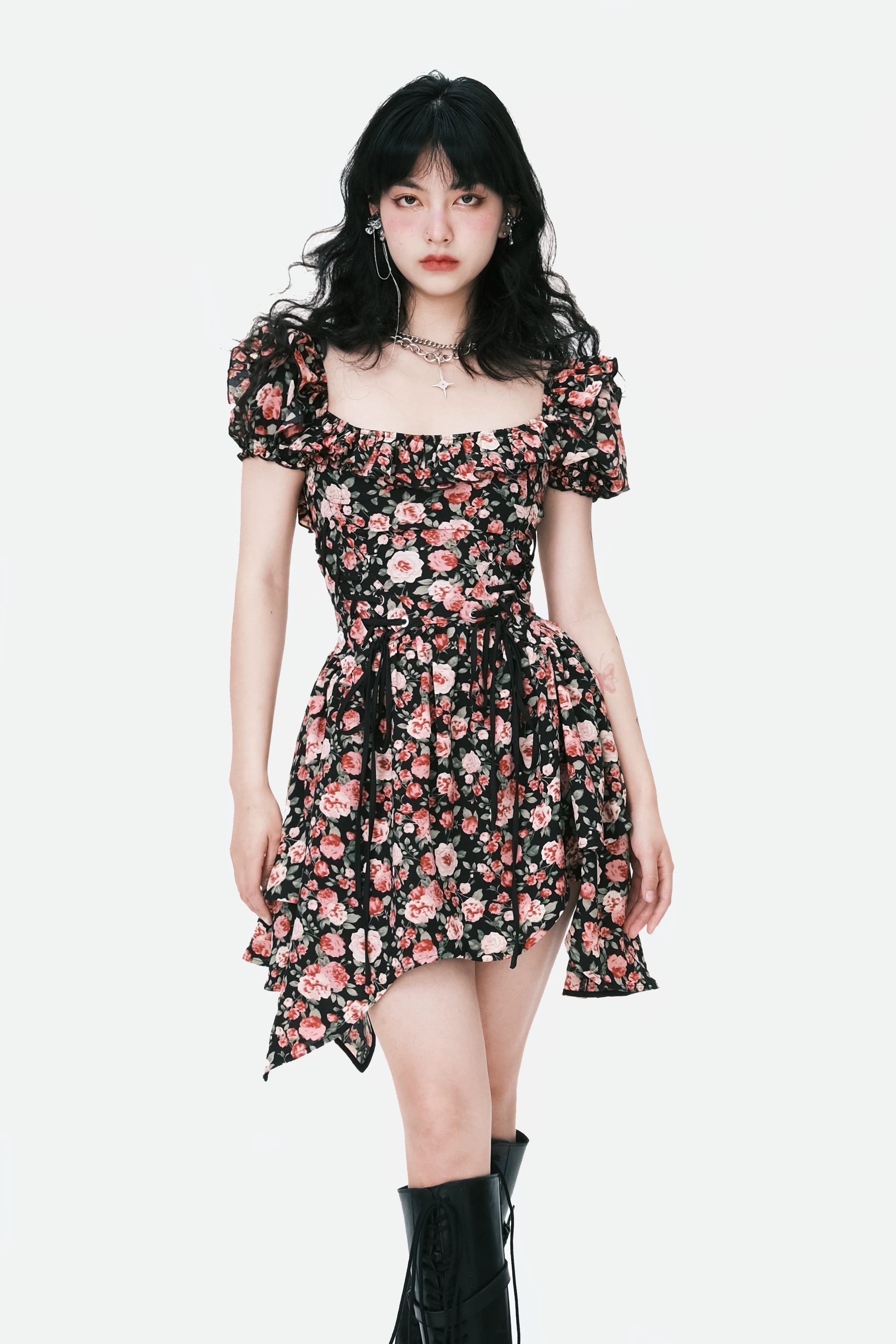 Lace-Up Asymmetric Waist-Defined Dress