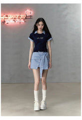 Deep Blue & Black Mock Two-piece Knit Sweater with Patchwork Short Sleeves - CHINASQUAD