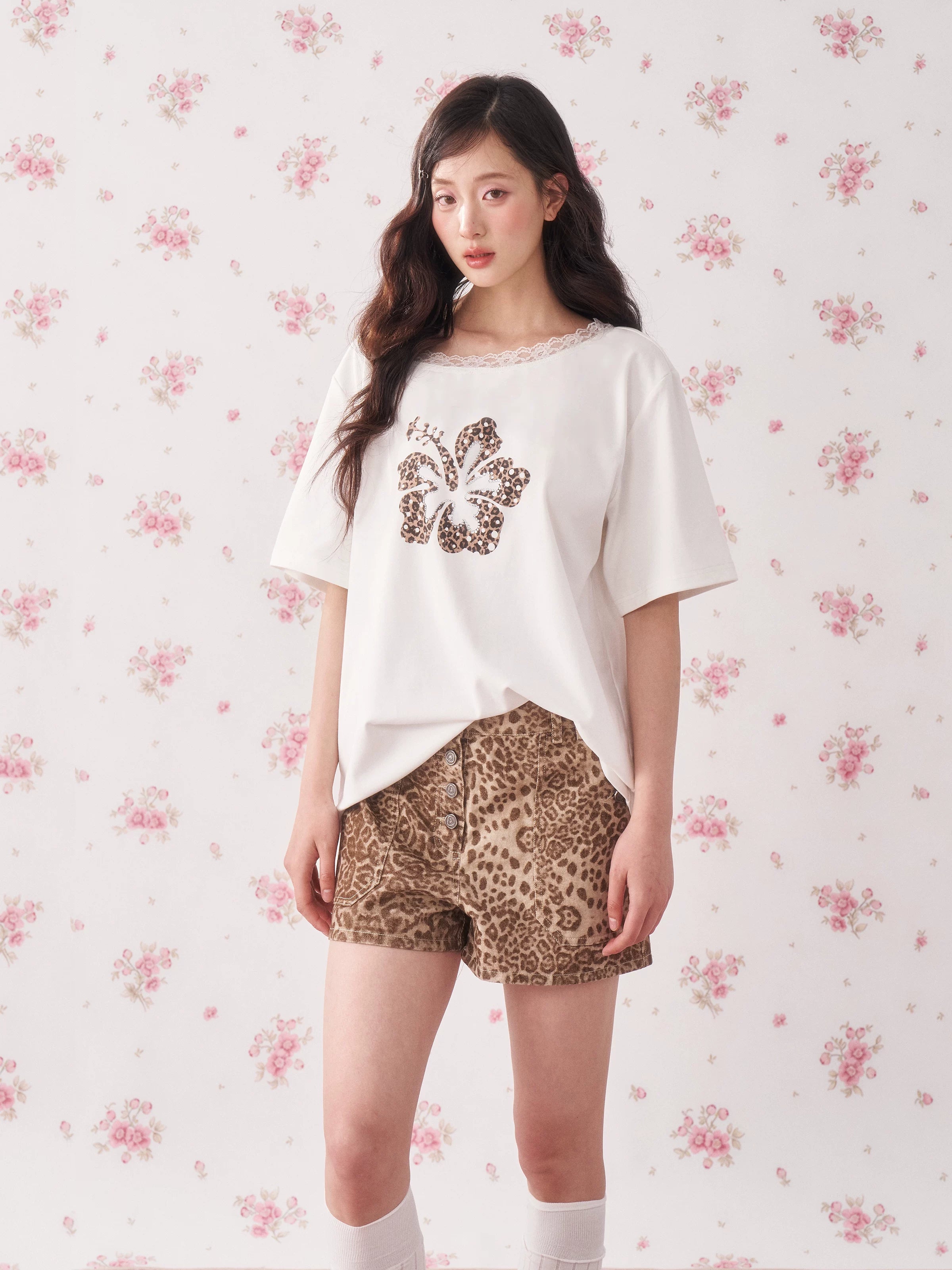 Leopard Rhinestone One-Shoulder T-Shirt
