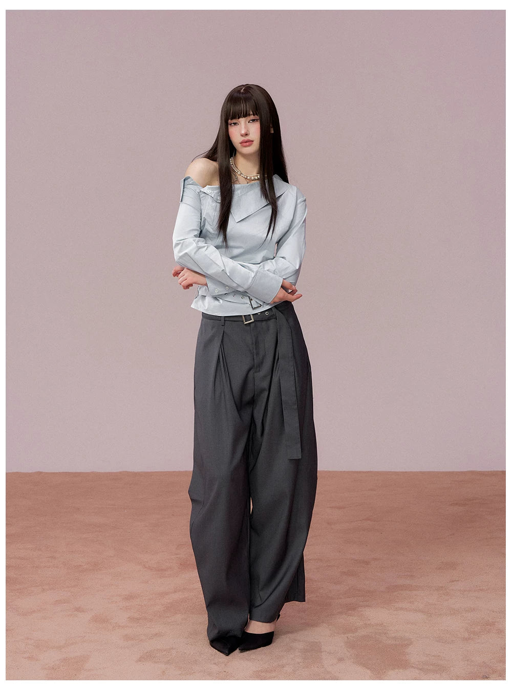 Ruched Belted Cropped Cotton Shirt