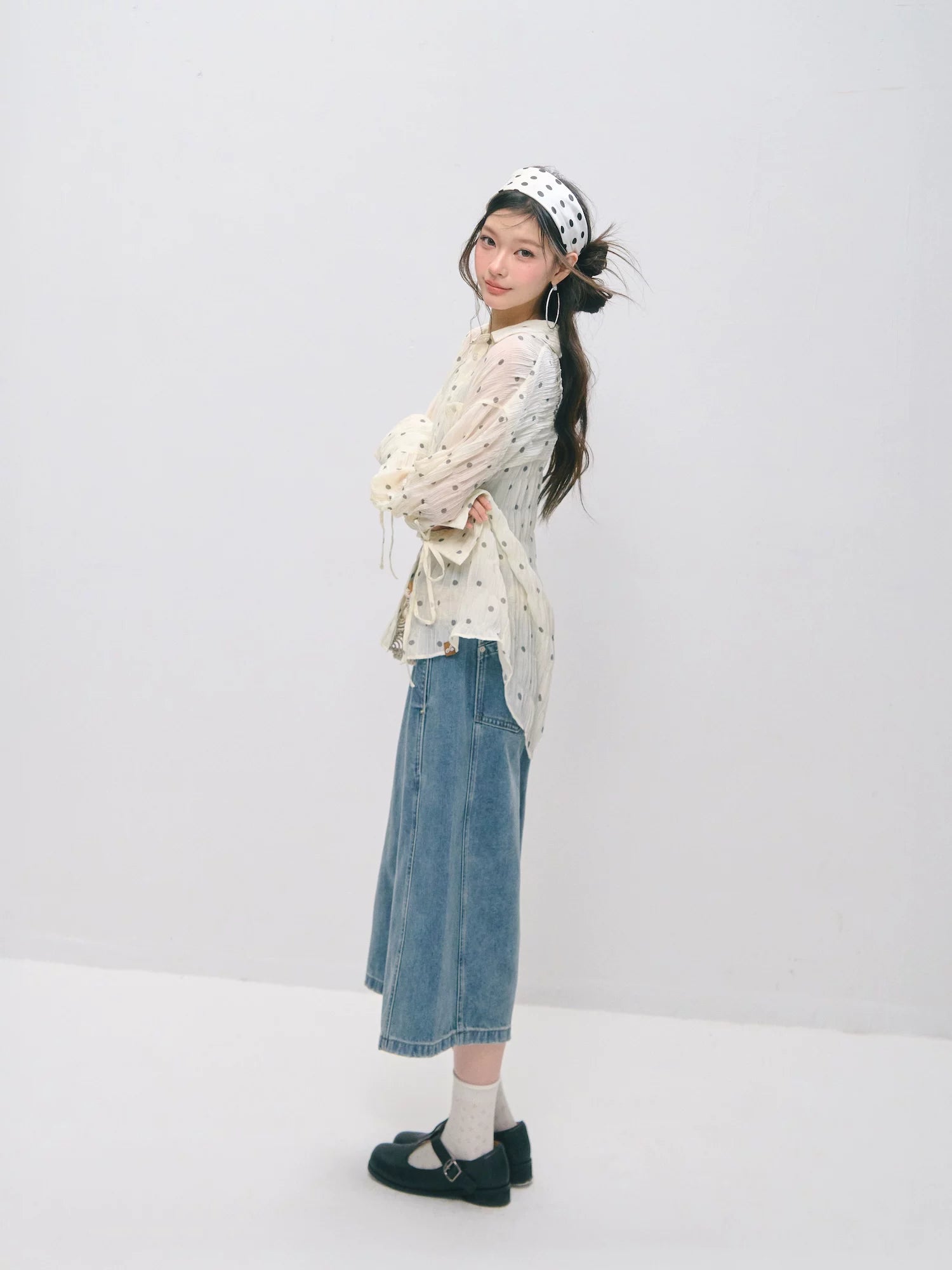 Polka Dot Textured Ruched Shirt