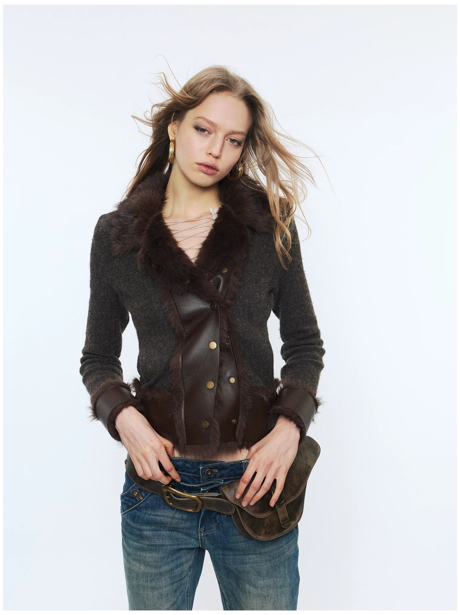 Knit Panel Faux Fur Cardigan Jacket