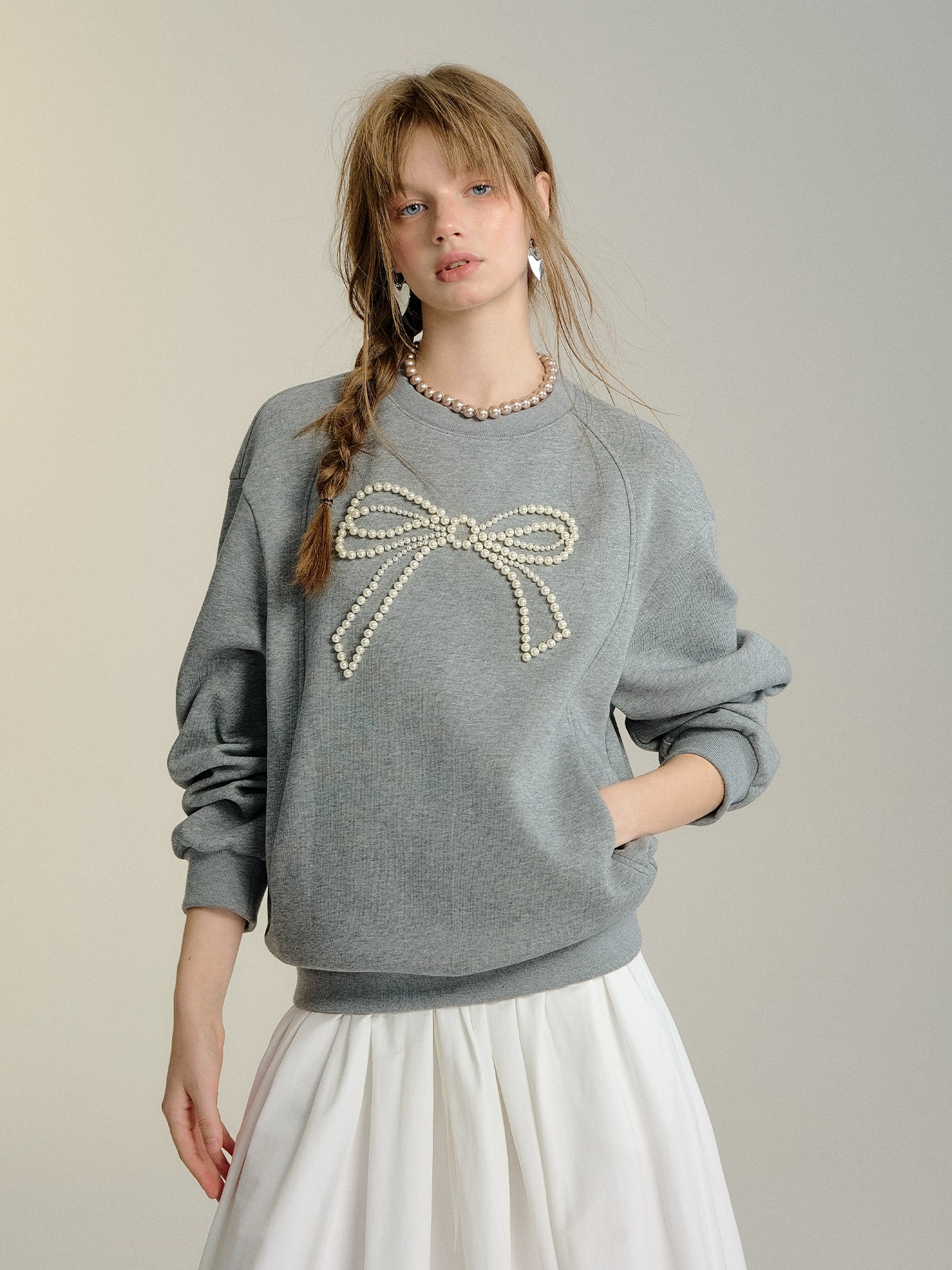 Gray & Navy Blue Butterfly Knot Beaded Pullover Sweatshirt