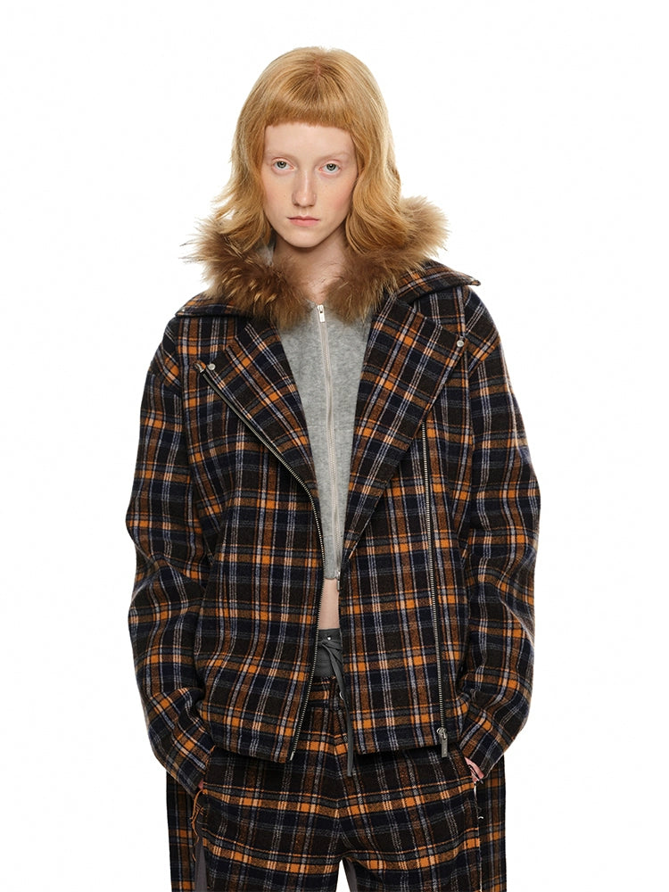 Dark Blue Plaid Woolen Moto Jacket - CHINASQUAD