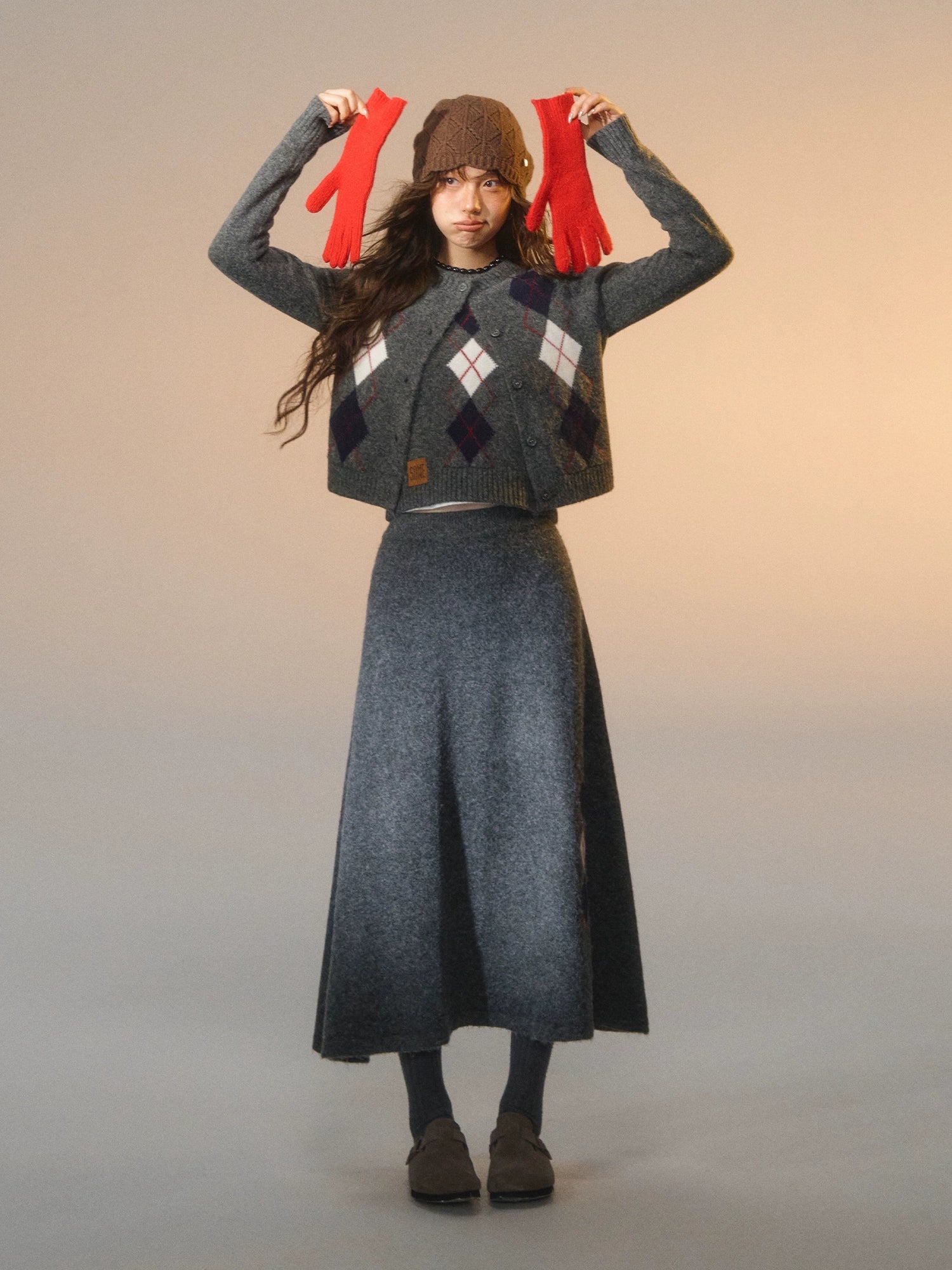 Floral Diamond Knit Vest / Cardigan / Skirt Set - CHINASQUAD