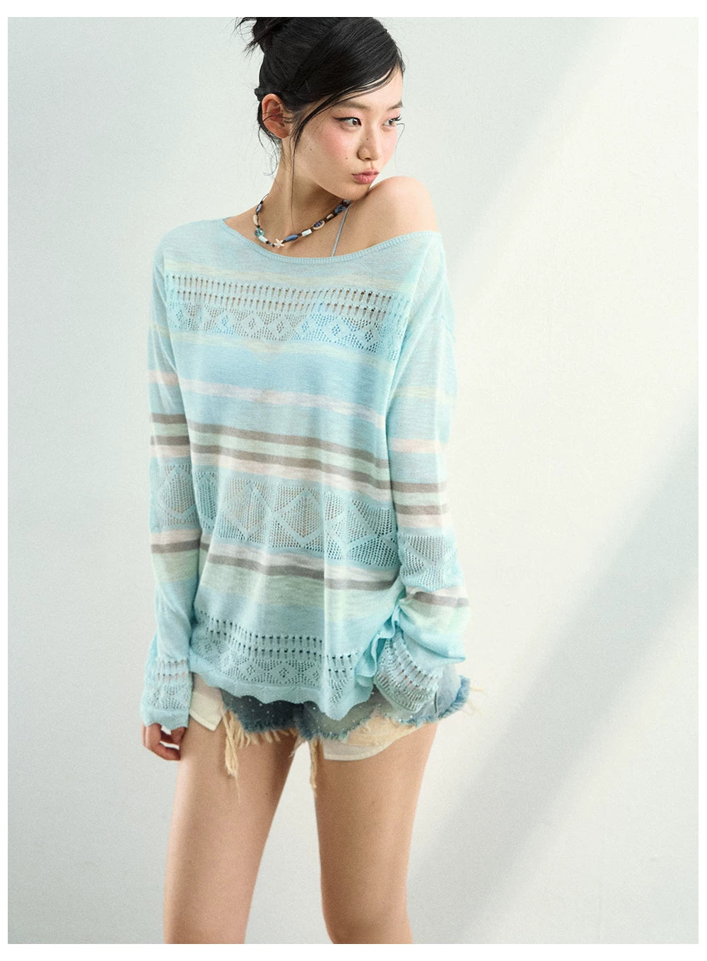 Color-Block Open Knit Stripe Blouse