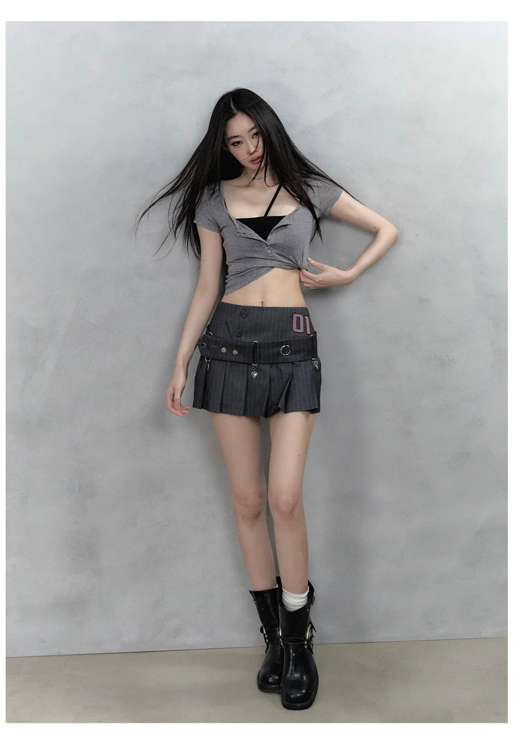 Black & Grey Henley Collar Embroidered T-Shirt - CHINASQUAD