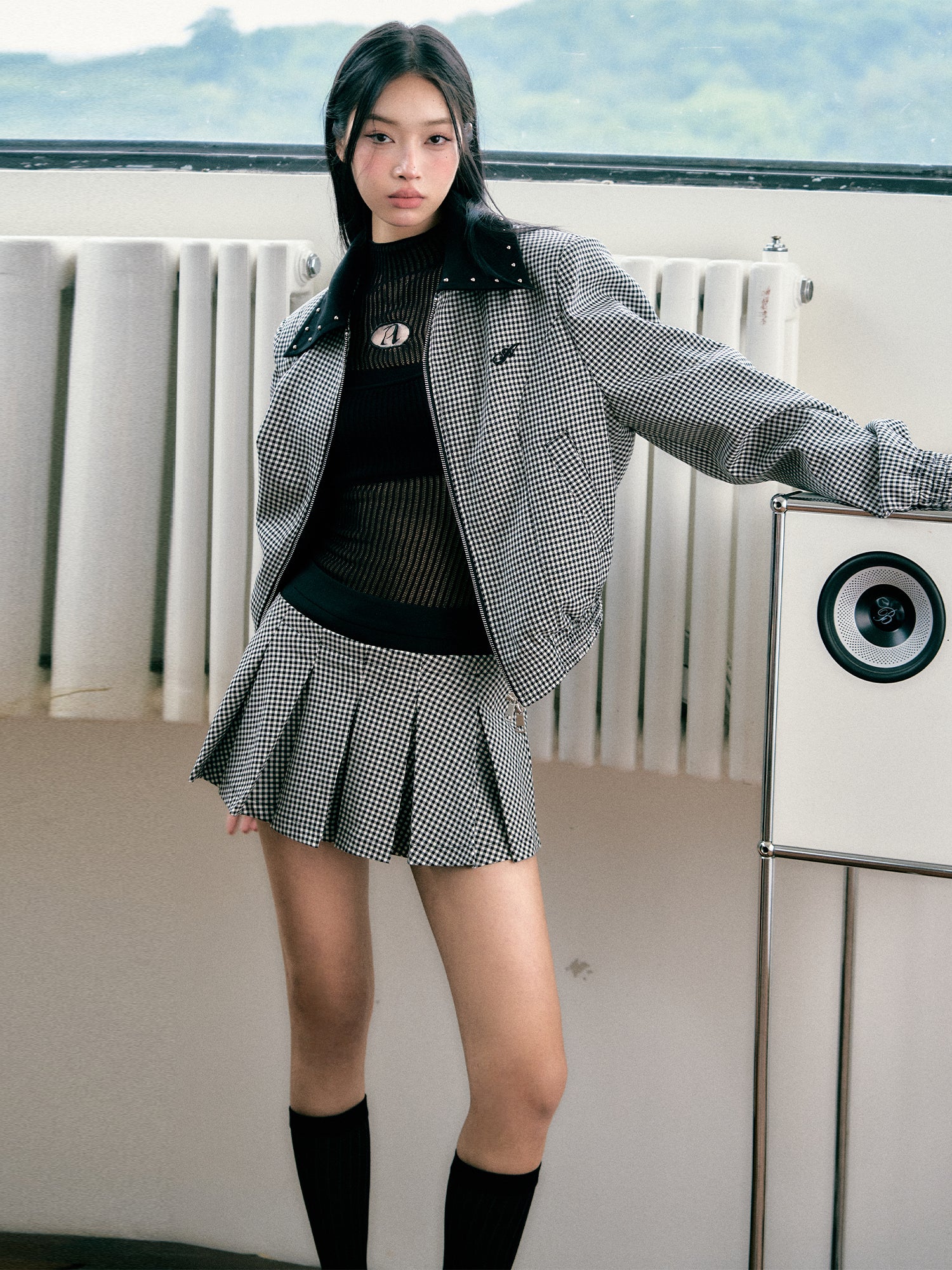 Silhouette Flight Jacket with Plaid Skirt Set - CHINASQUAD