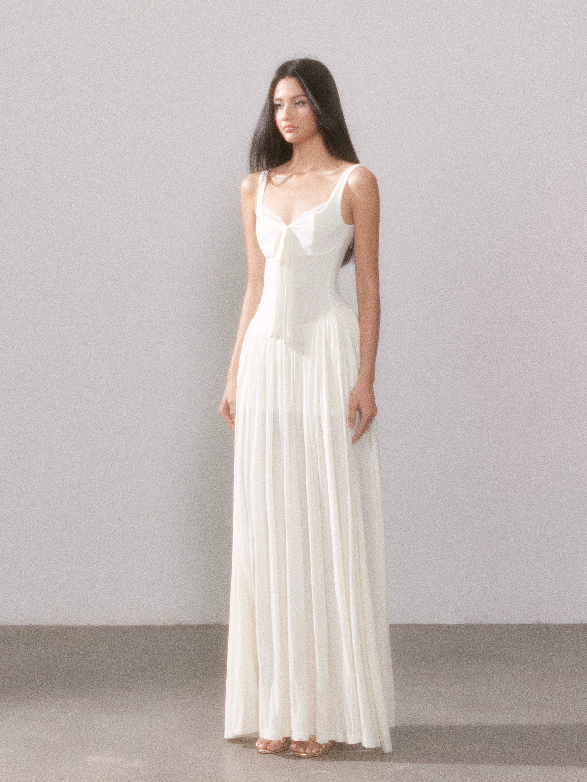 Lace Knit Spaghetti Strap Slit Long Dress - CHINASQUAD