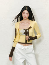 Diamond Color-Blocked Round Neck Knitted Cardigan Set - CHINASQUAD