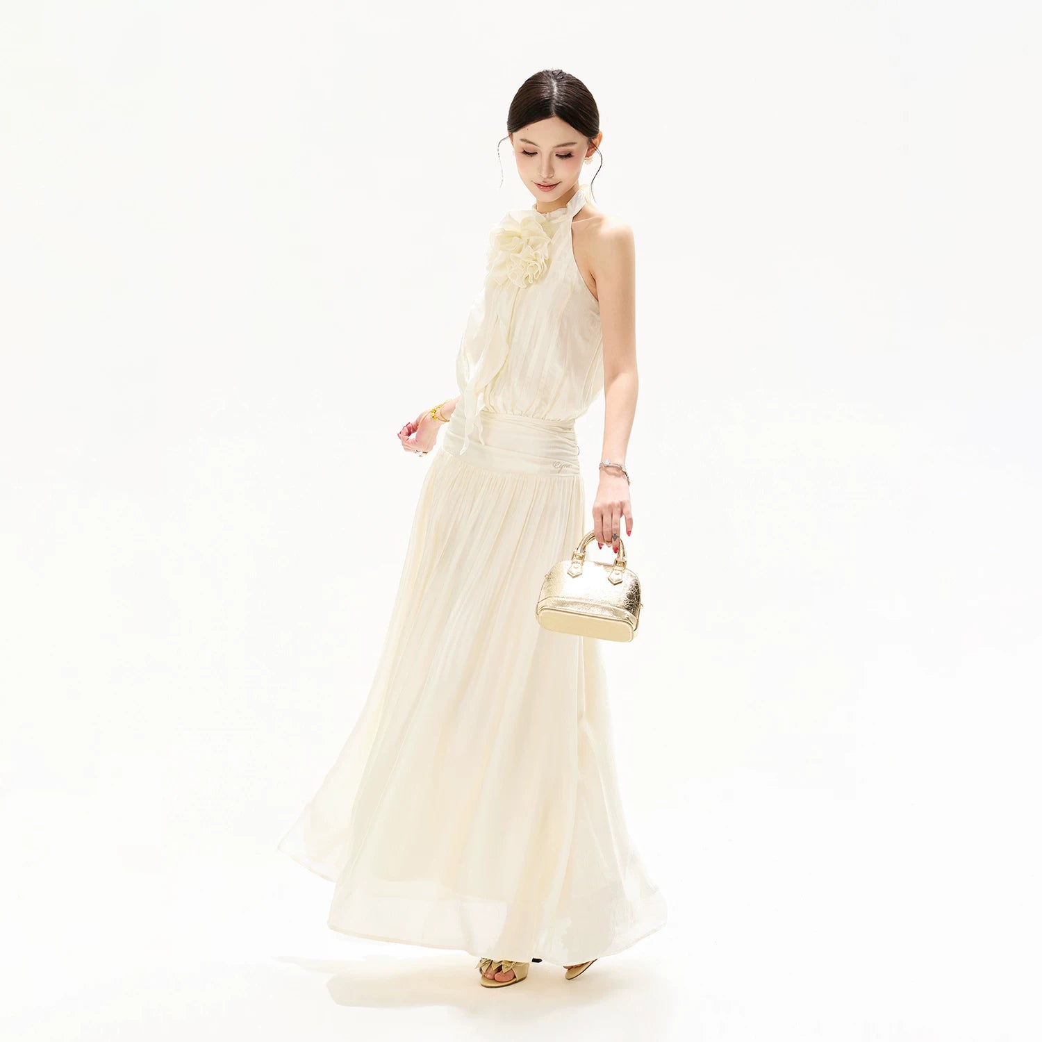 Floral Halterneck Draped Maxi Dress