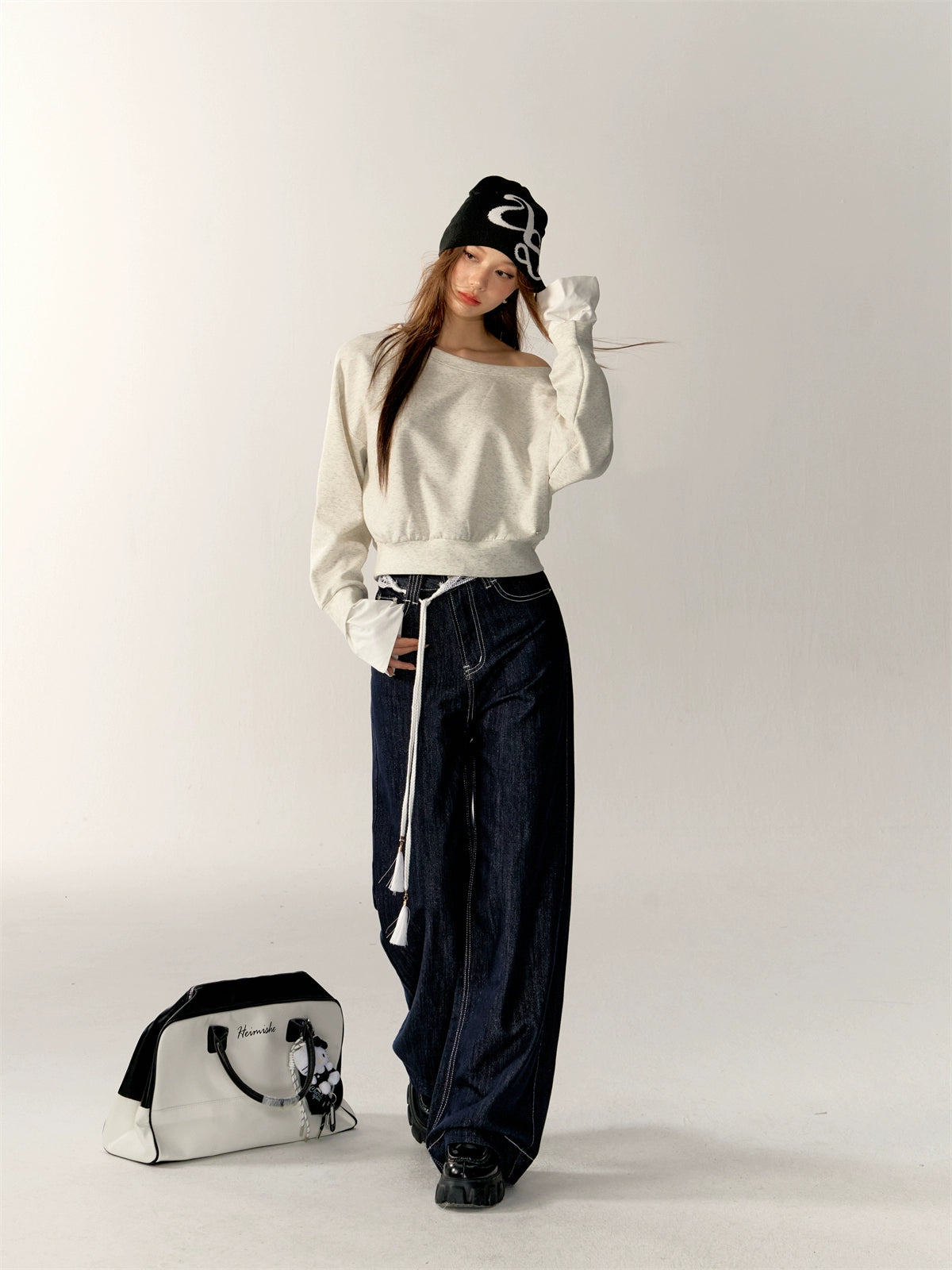 Dark Blue High-waist Wide-leg Pants - CHINASQUAD
