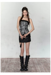 Black Petal Off-Shoulder Patchwork Top - CHINASQUAD