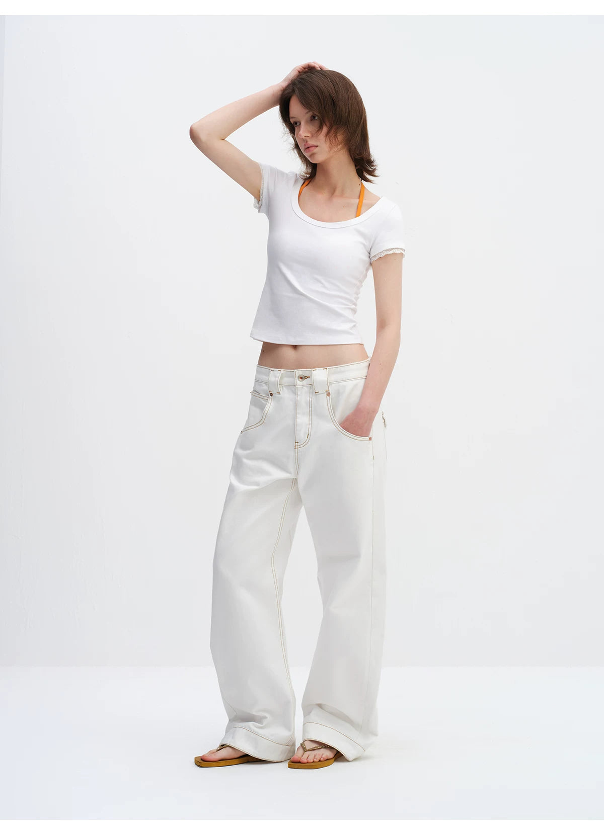 White Relaxed Fit 3D Cut Wide-Leg Denim Jeans