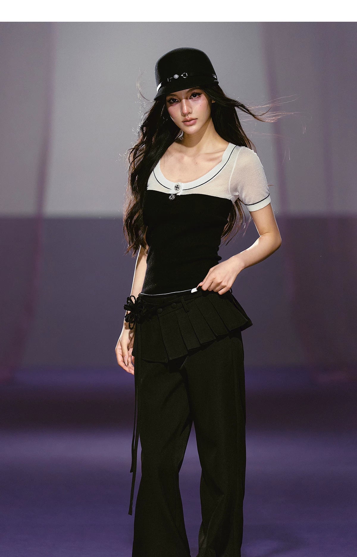 Semi-sheer Sparkly Color-block Short-sleeve Top