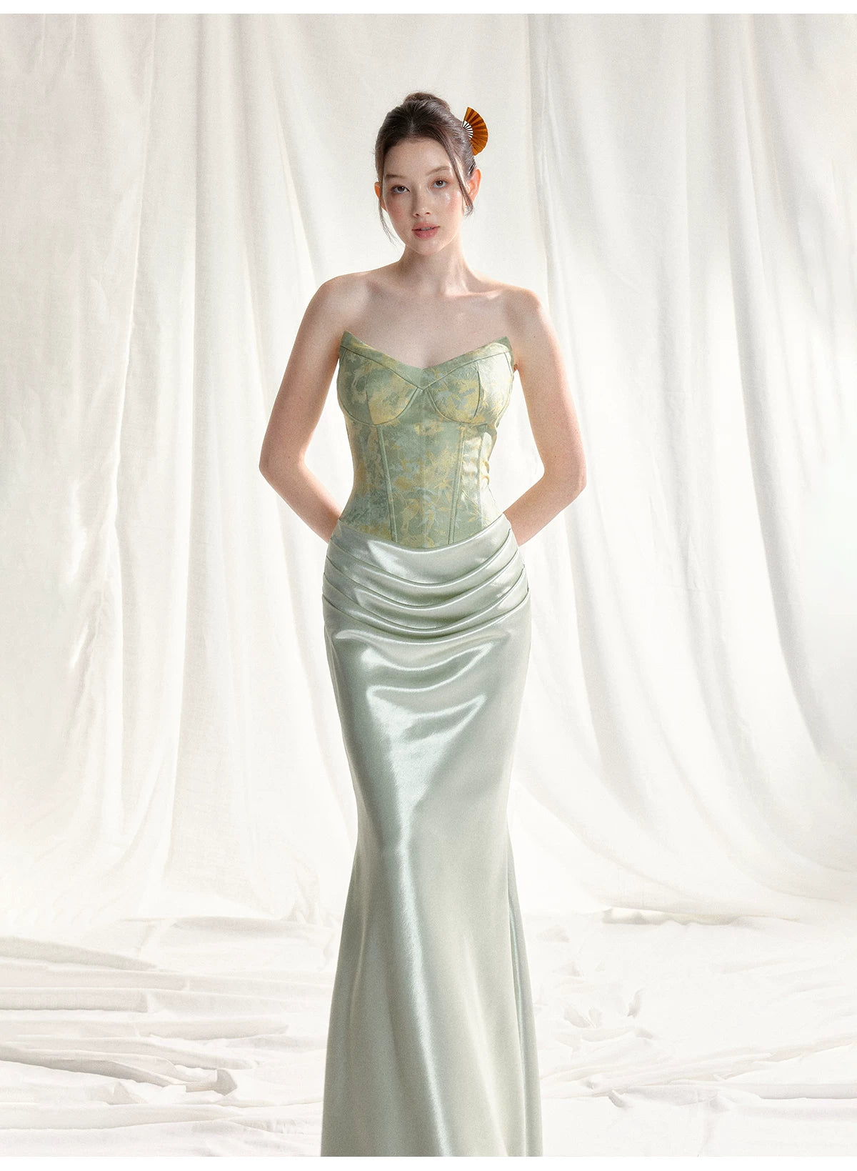 Jade Whisper Jacquard Corset Satin Evening Gown