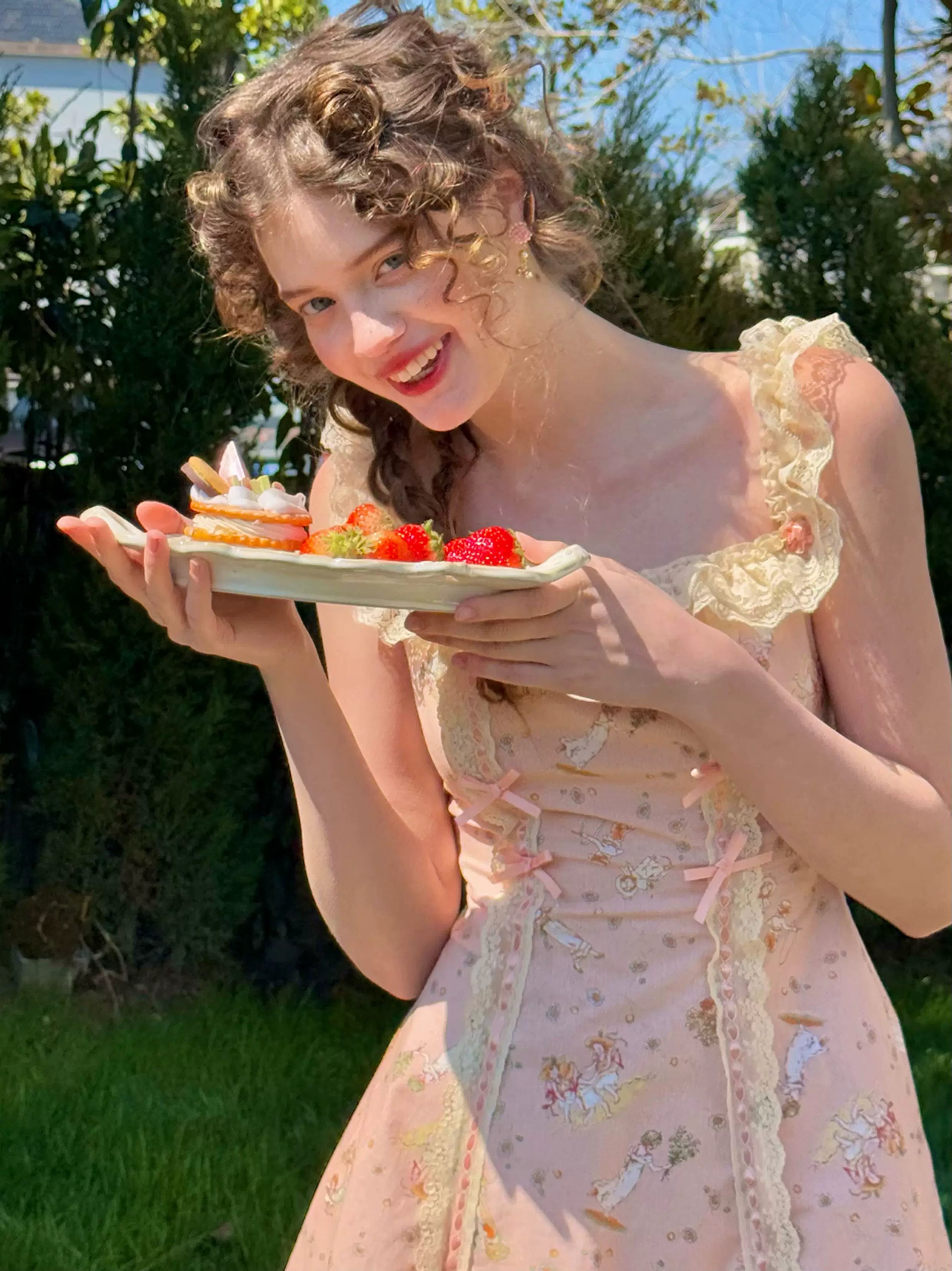 Vintage Pastoral Printed Lace Slip Dress