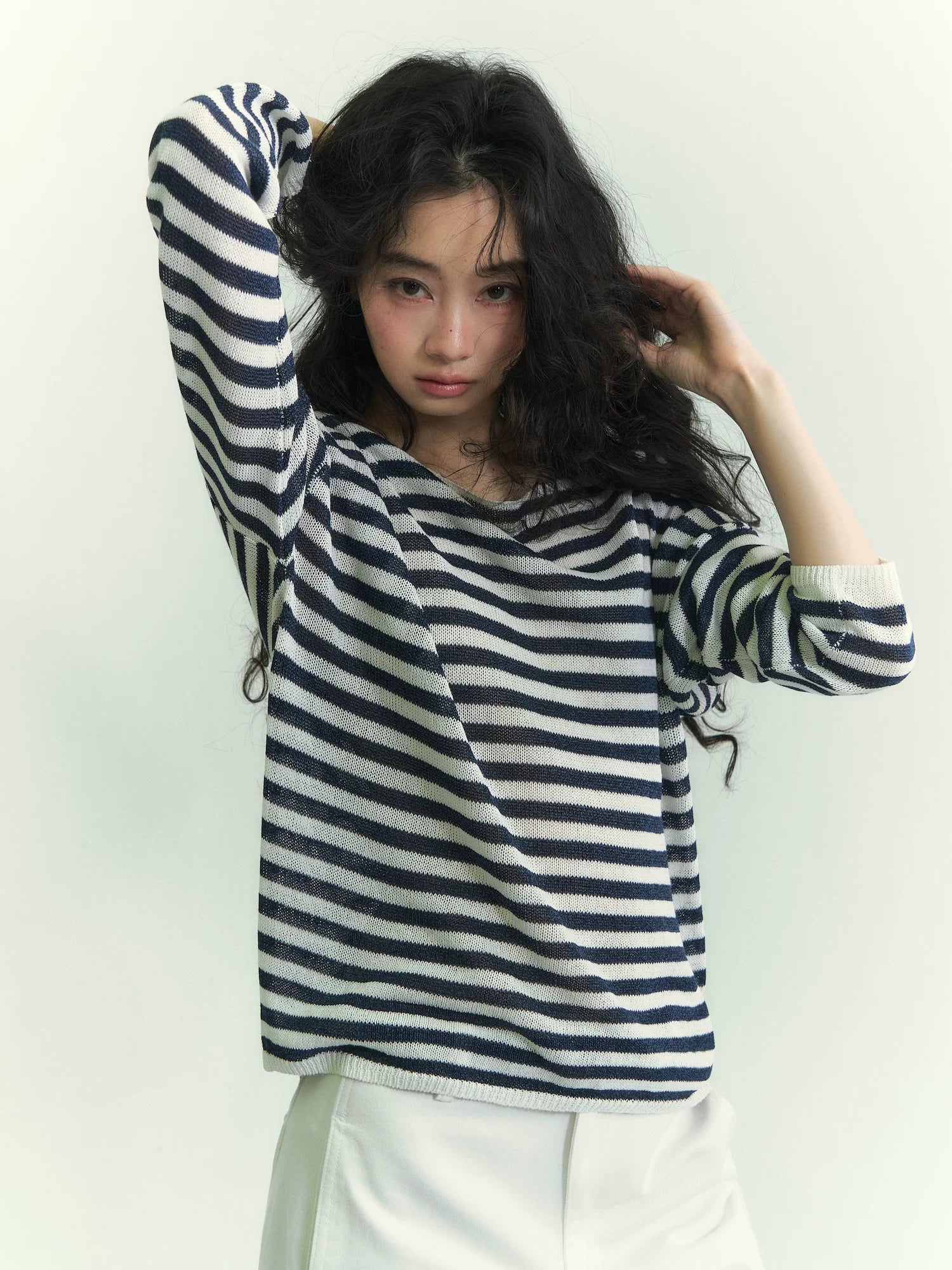 Washi Yarn Striped Off-Shoulder Long Sleeve Knit Top