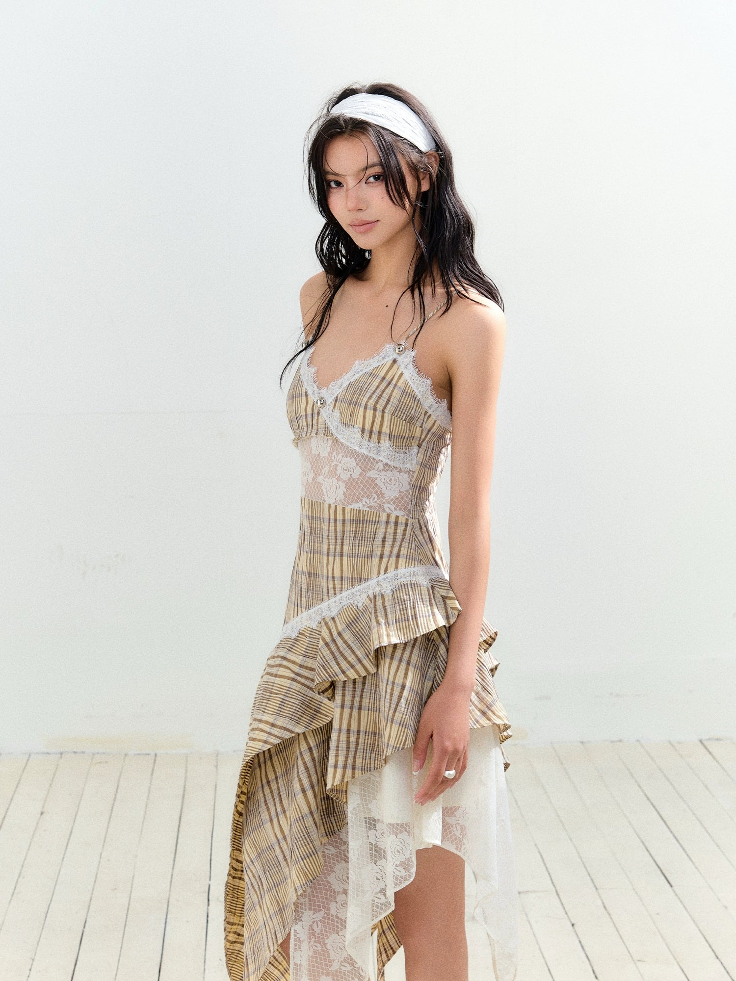 Yellow Checkered Color-blocking Lace Trimmed Sling Dress