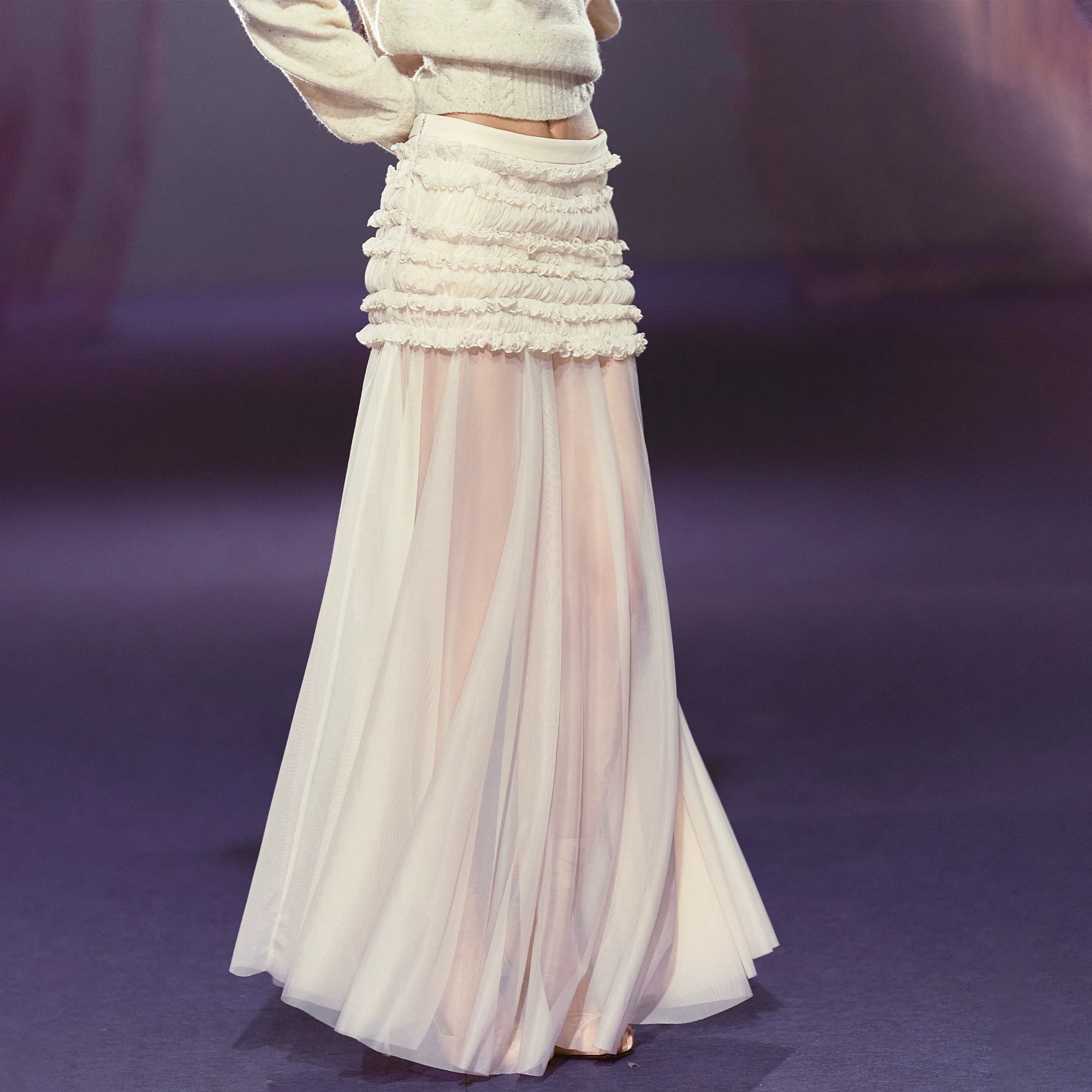 Ruched Semi-Sheer Mesh Maxi Skirt