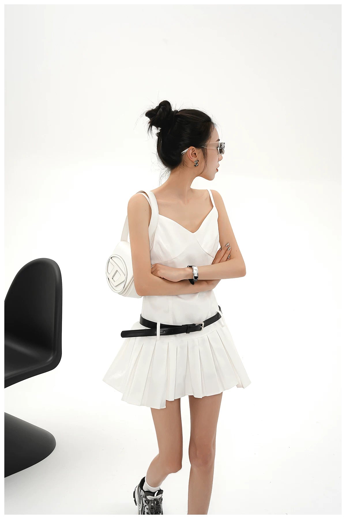 Asymmetric Zip-Back Pleated Camisole Dress