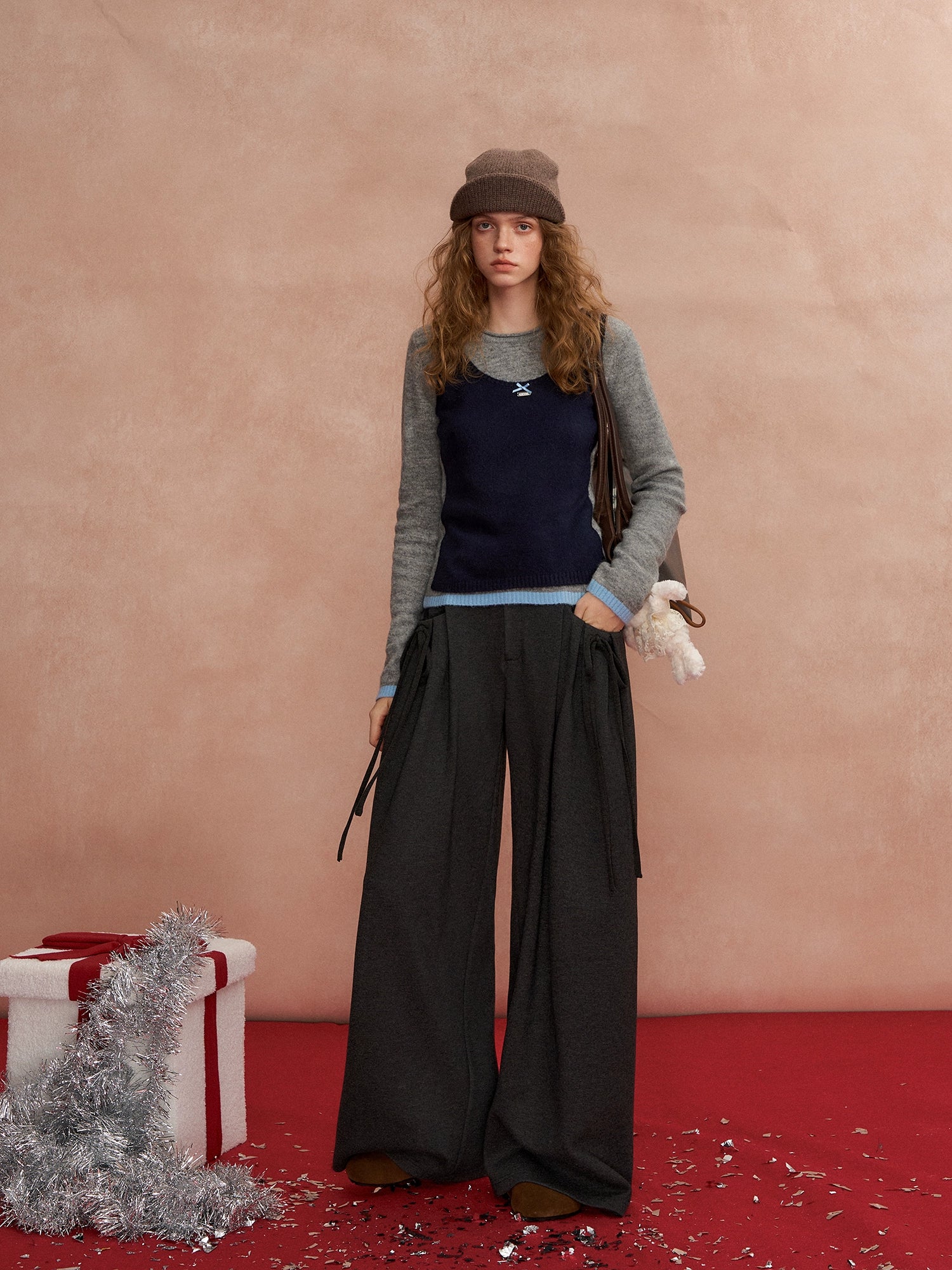 Pleated Bow Wool Blend Trousers