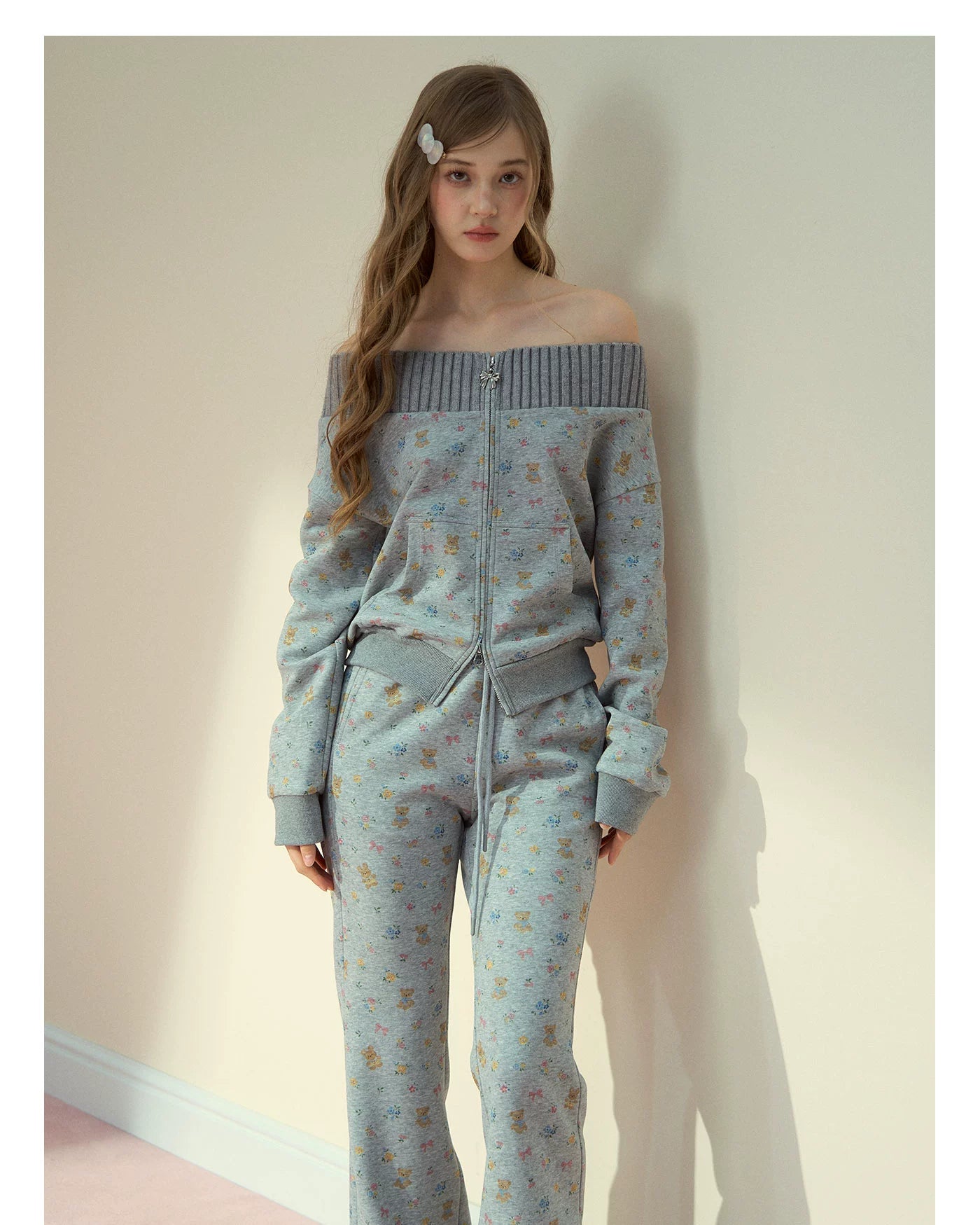 Floral Bunny Off-Shoulder Zip-up Sweatshirt - CHINASQUAD