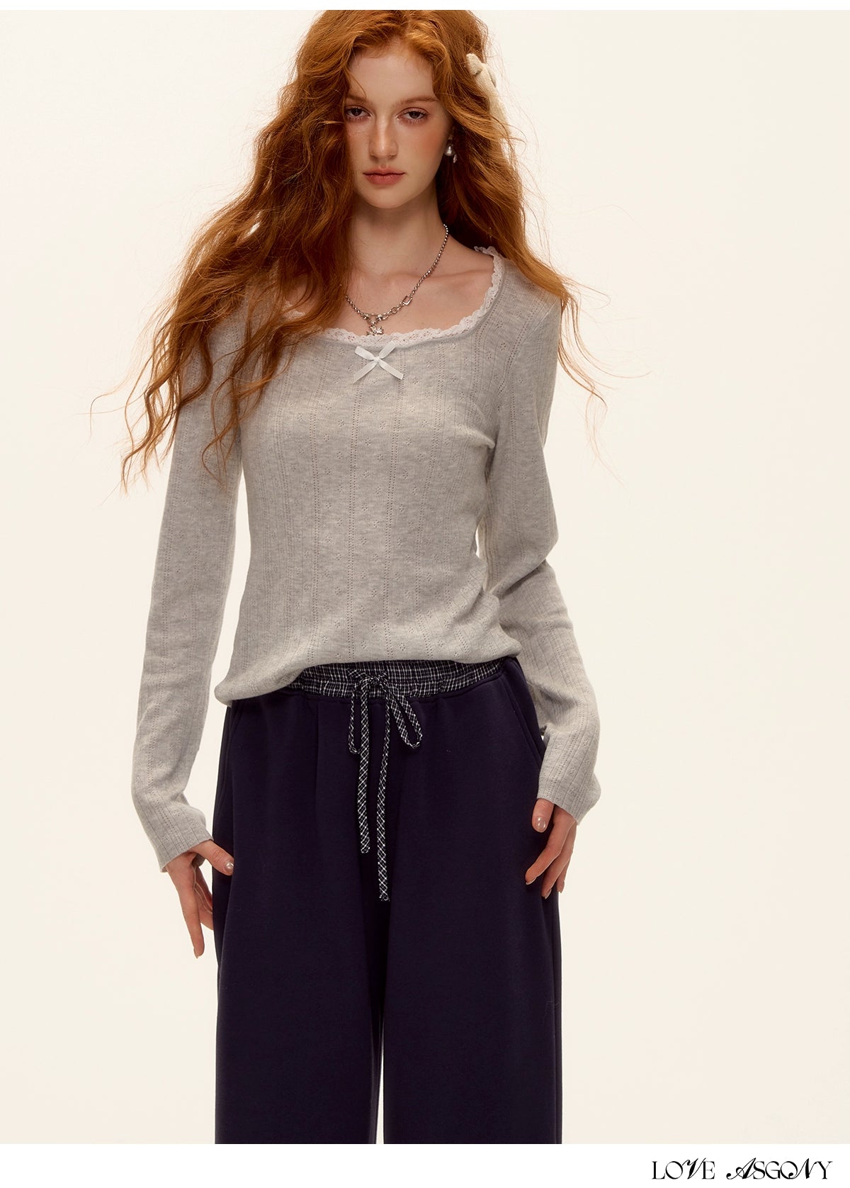 Bow Cutout Knit U-Neck T-Shirt