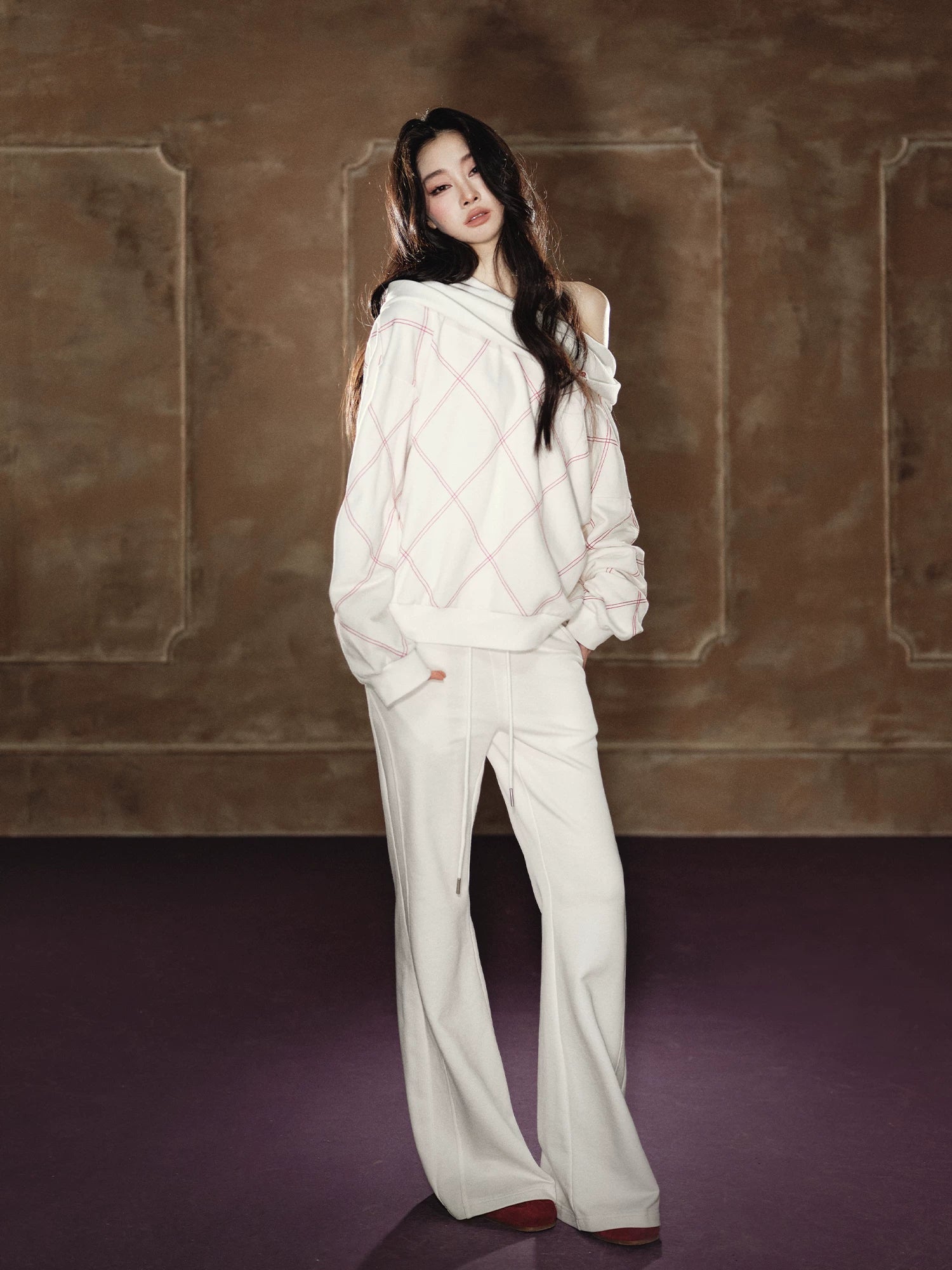 Off-Shoulder Sweatshirt & Flared Wide-Leg Sweatpants Set