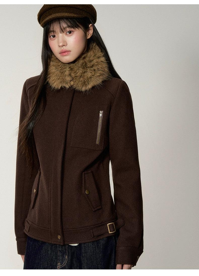 Brown Faux Fur Collar Slim Wool Jacket - CHINASQUAD